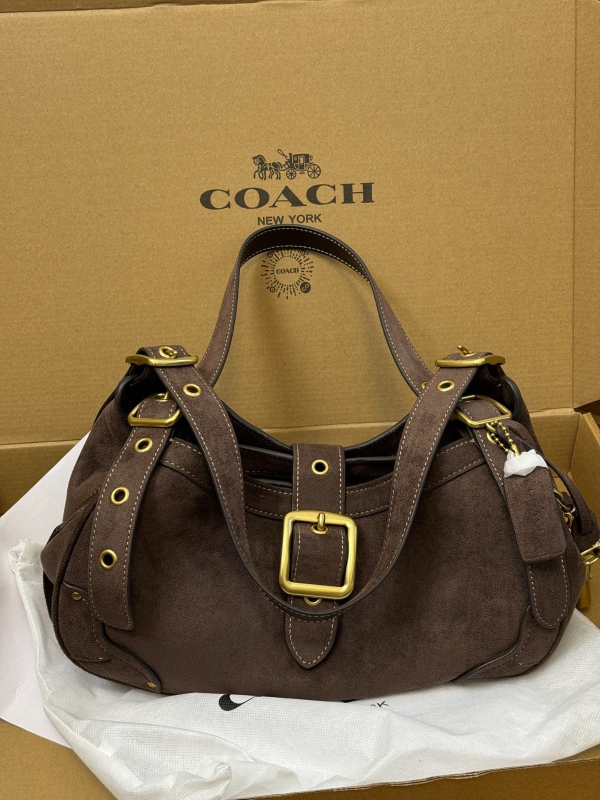 Coach Dark Brown Suede Shoulder Bag Vintage Buckle Hobo Handbag