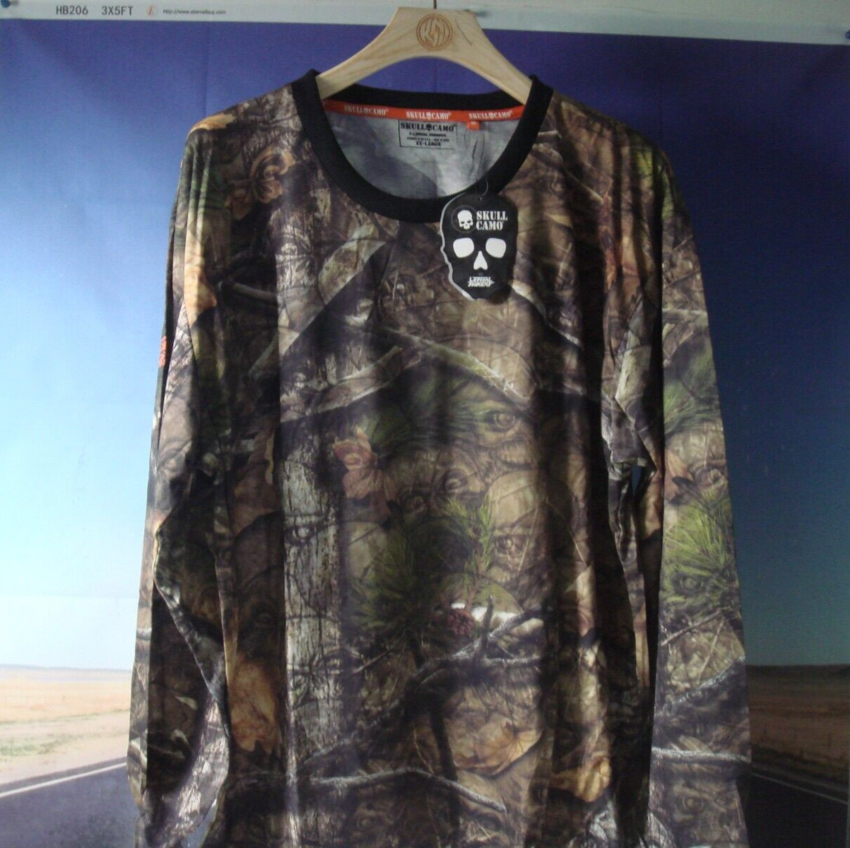 Men\'s T-Shirt Skull Camo Long Sleeve XXL Backwoods Lethal Threat Hunting 2XL O1