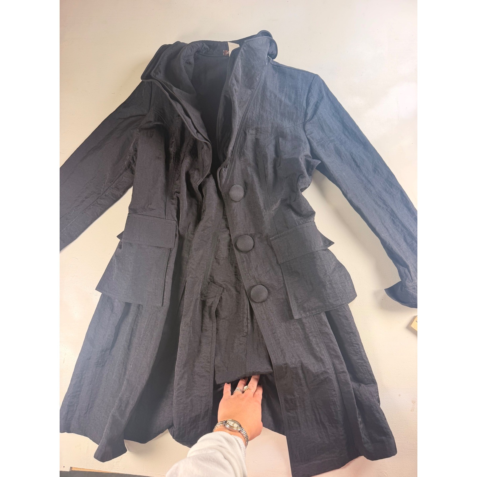 Design Todays Trench Coat Jacket Womens S Black Y2K Avant Garde Tiered Nylon