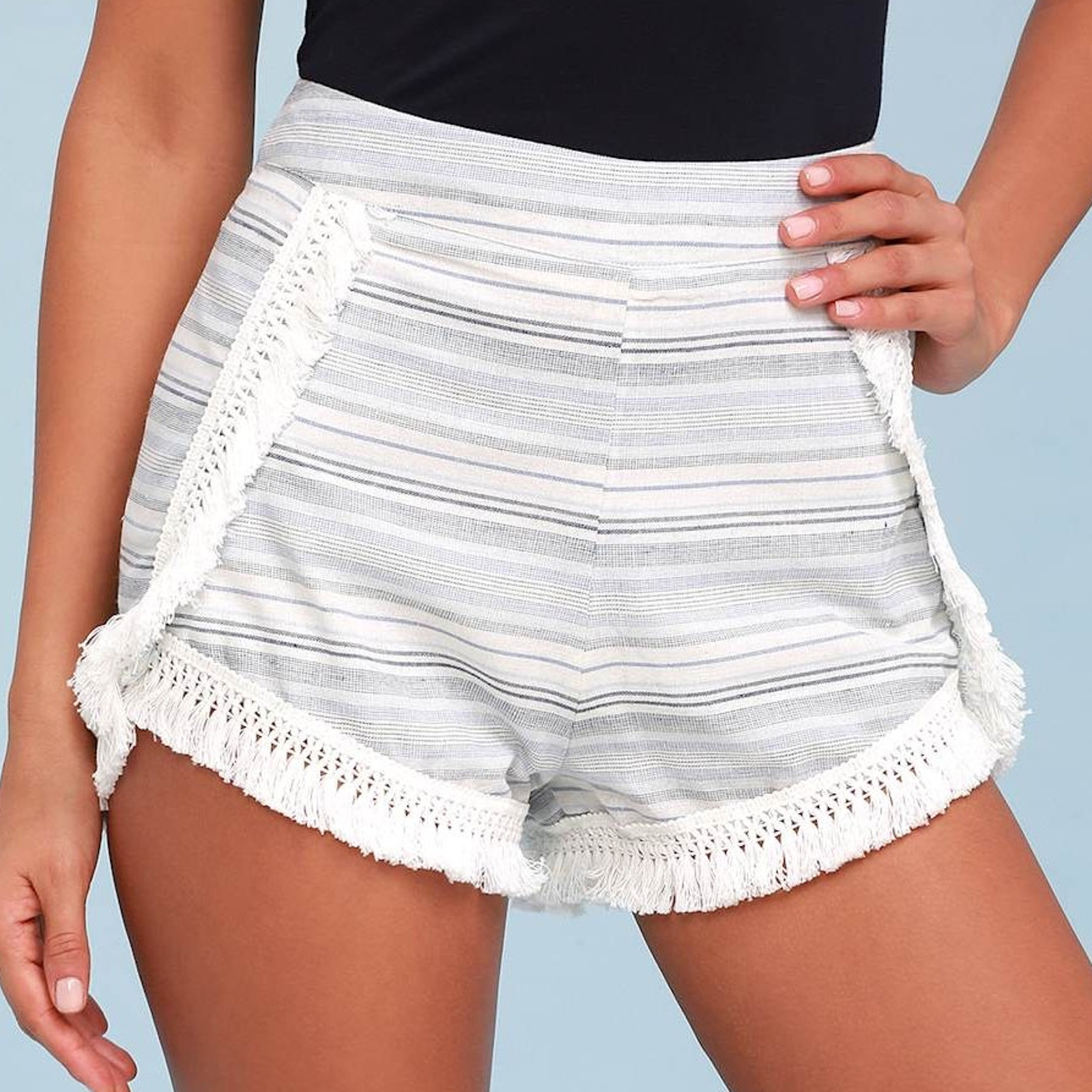 Lulus Savvy Shorts Medium Womens Blue Striped Fringe Woven Cotton Coastal Beach