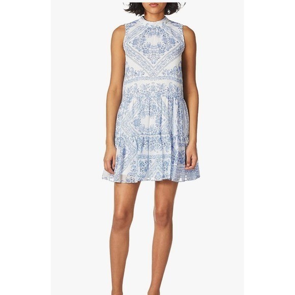 CLEARANCE-Calvin Klein White and Blue Sleeveless Print Mini Dress