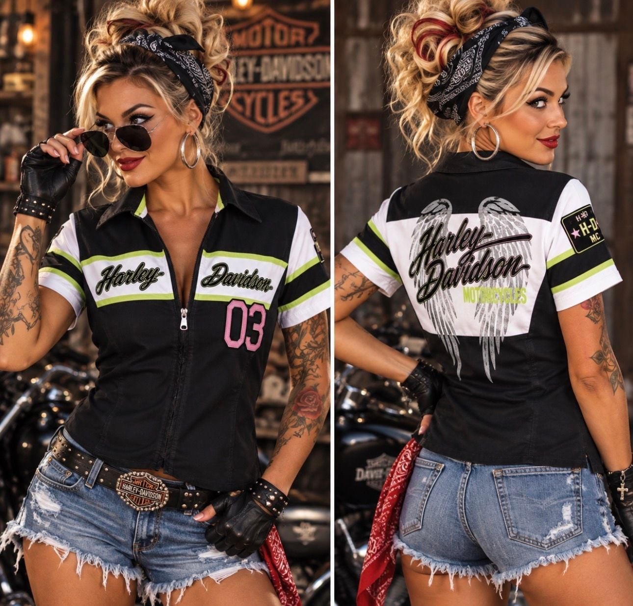 Harley Davidson Women’s 03 Racing Shirt Black White Lime Pink Zip Front 23”