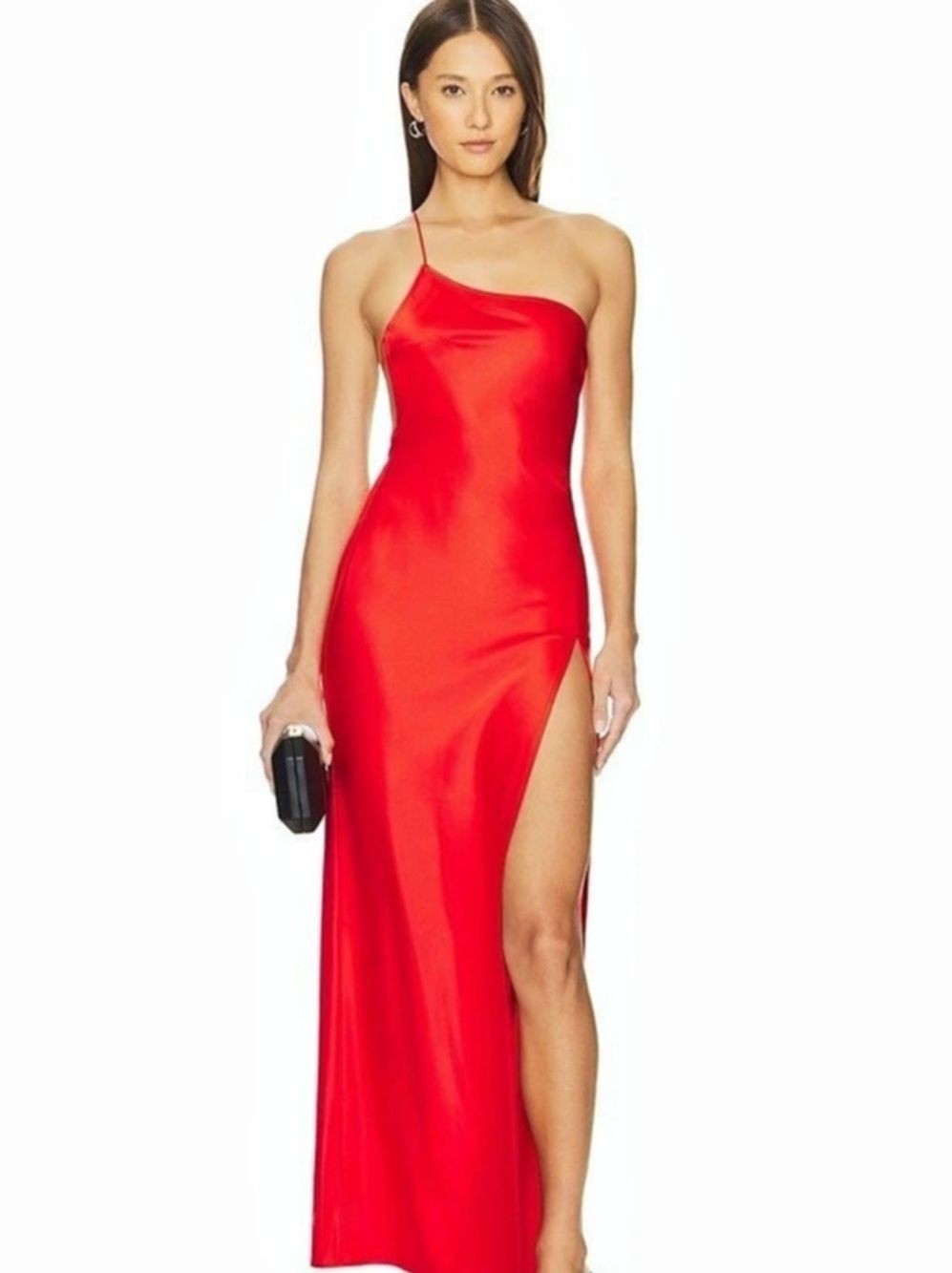 NBD Revolve Red Satin Maxi Dress One Shoulder High Slit Open Back Wedding Size S