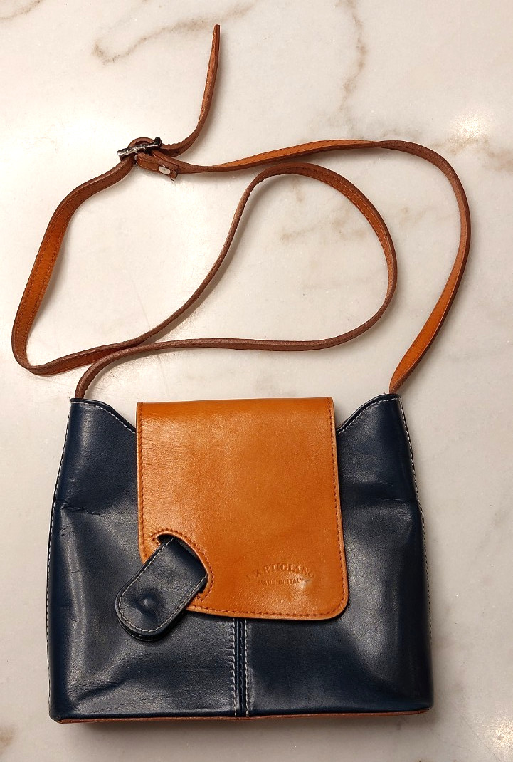 L’artigiano Leather Crossbody Purse Made In Italy Navy Blue and Cognac