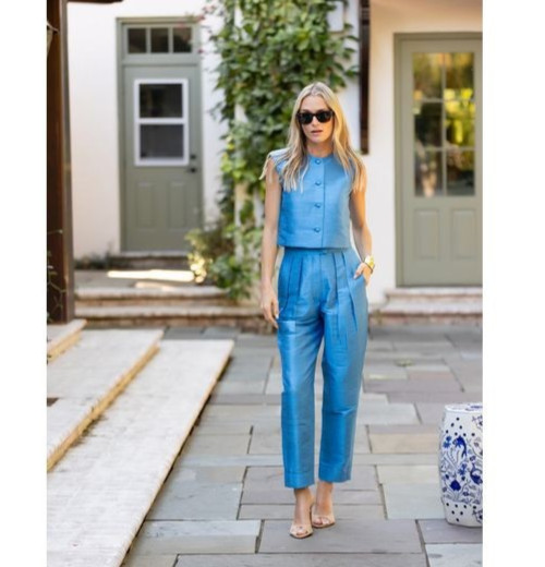 New NWT $368 JULIA AMORY Size Large 100% Silk Deco Pant Dupioni Cornflower Blue