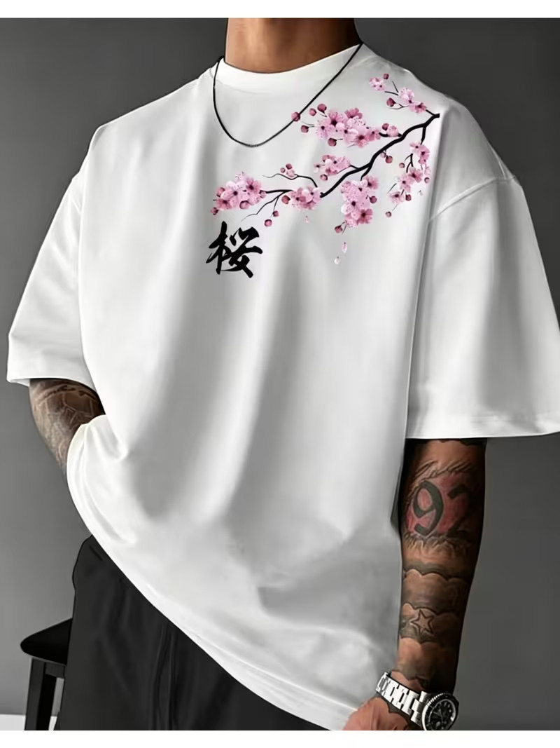 Cherry Blossom Japanese Style Element Print T-Shirt, Men'S Street Casual Round N