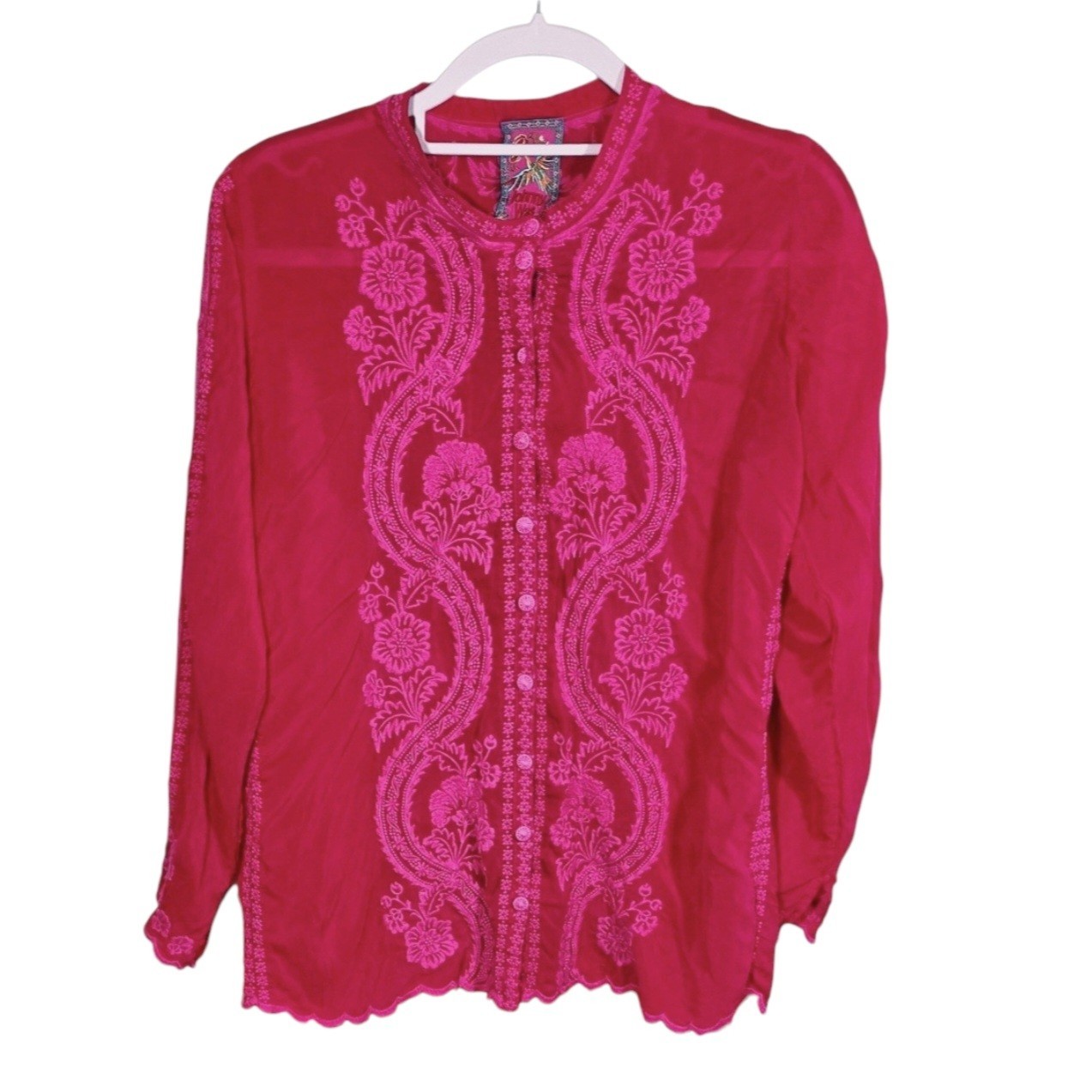 Johnny Was Midge Blouse Womens Magenta Hot Pink Cupra Rayon Embroidered Floral