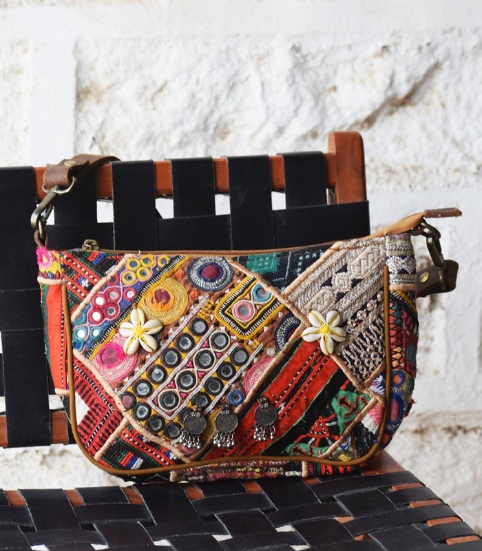 Vintage Banjara Crossbody Bag Embroidered Mirror Work Leather Boho Purse