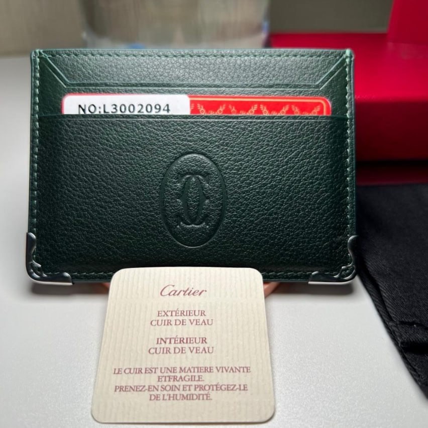 NEW Cartier Must de Cartier Green Leather Double-Sided Card Holder Wallet NIB