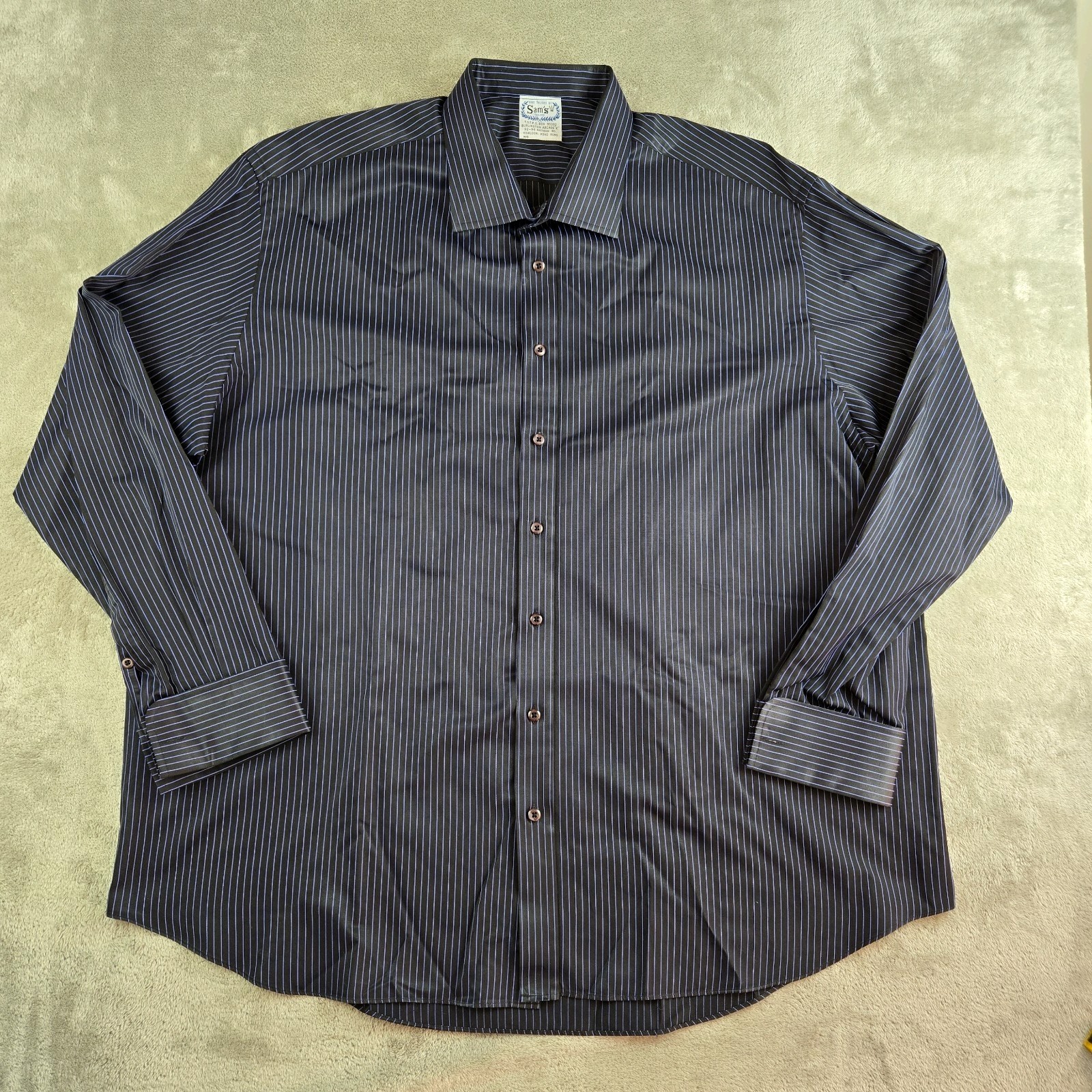 Vintage Sams Tailors Shirt Mens Black Blue Striped Flip Cuff Hand Tailored