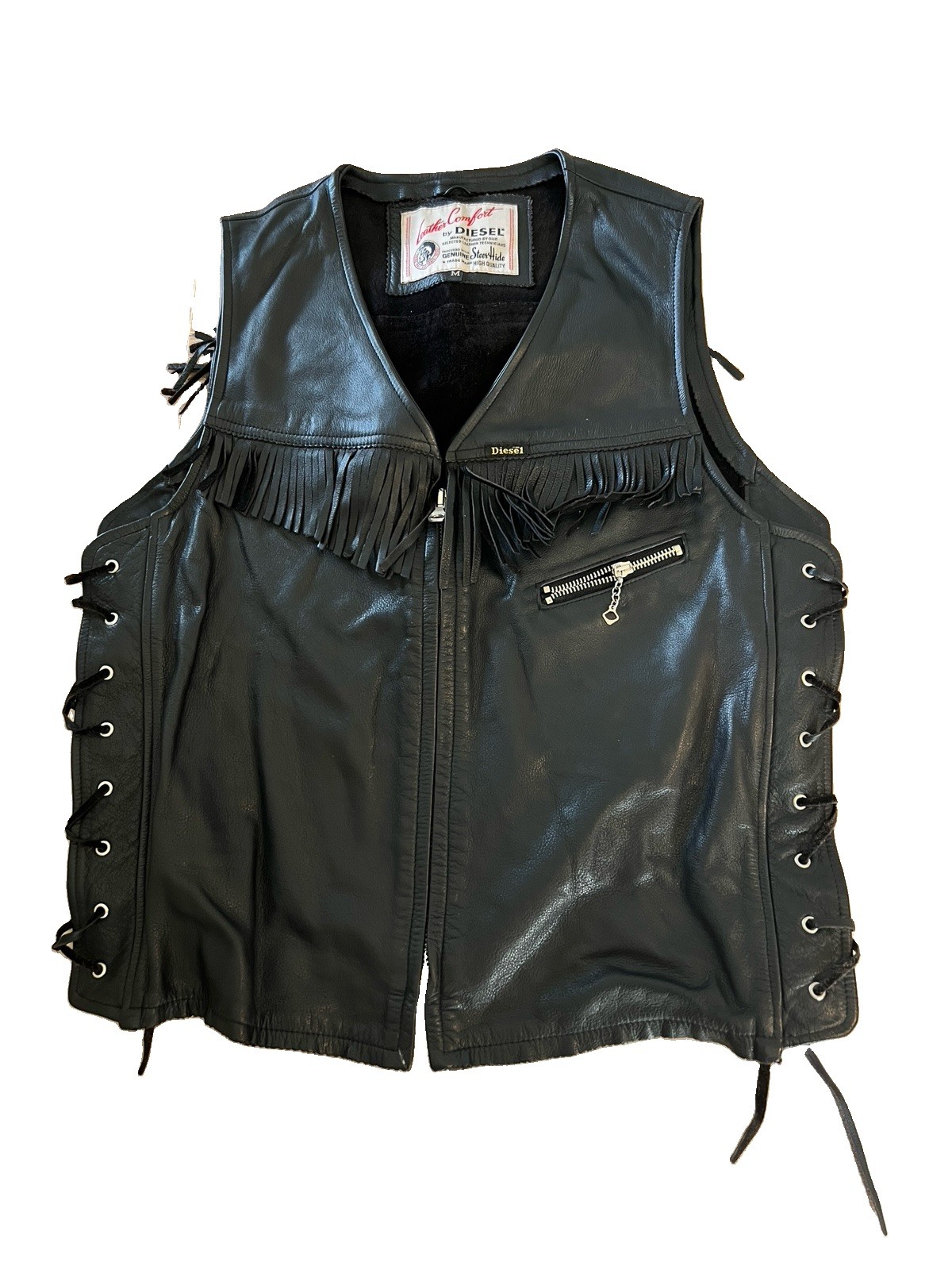 Vintage DIESEL Steerhide Leather Biker Vest Fringe Lace-Up Side Mens sz Medium