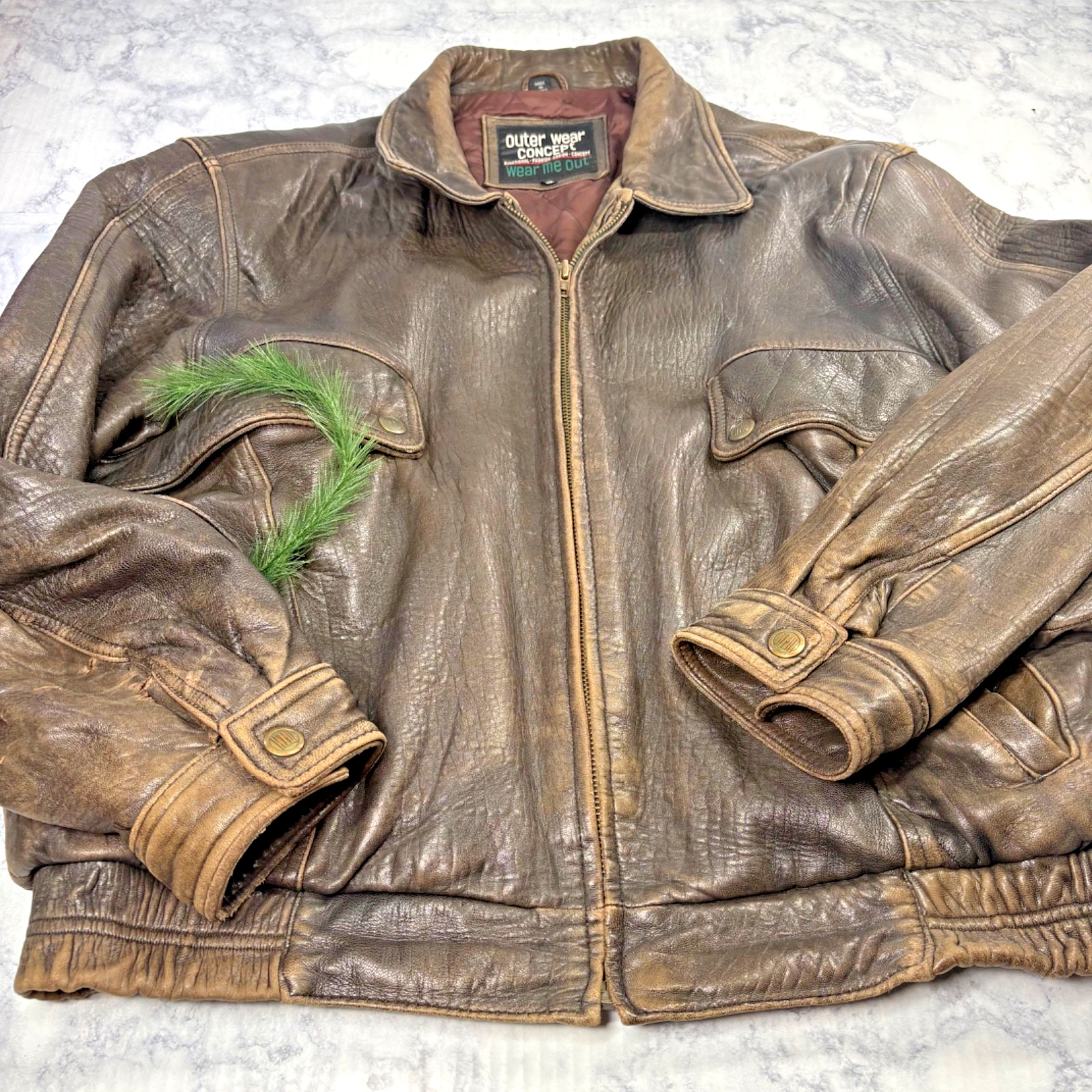 Vtg Mens Outerwear Brown Distressed Leather Heavy Moto Outdoor Jacket Coat XL