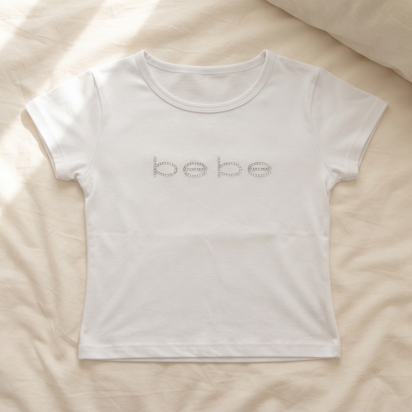 Y2K White Rhinestone Baby Tee Women Fitted Short Sleeve 2000s Kawaii Grunge Top