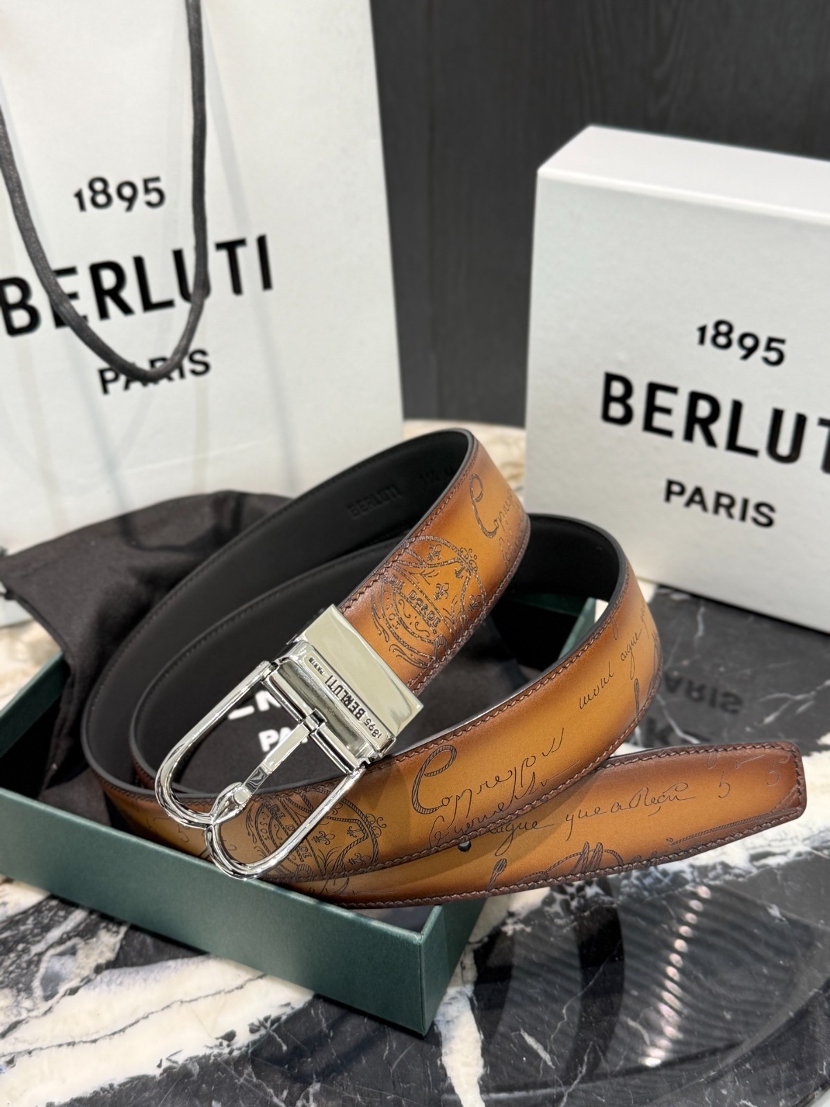 Berluti - Volute Scritto Leather Belt - Nero Grigio Mogano - 35mm - NEW