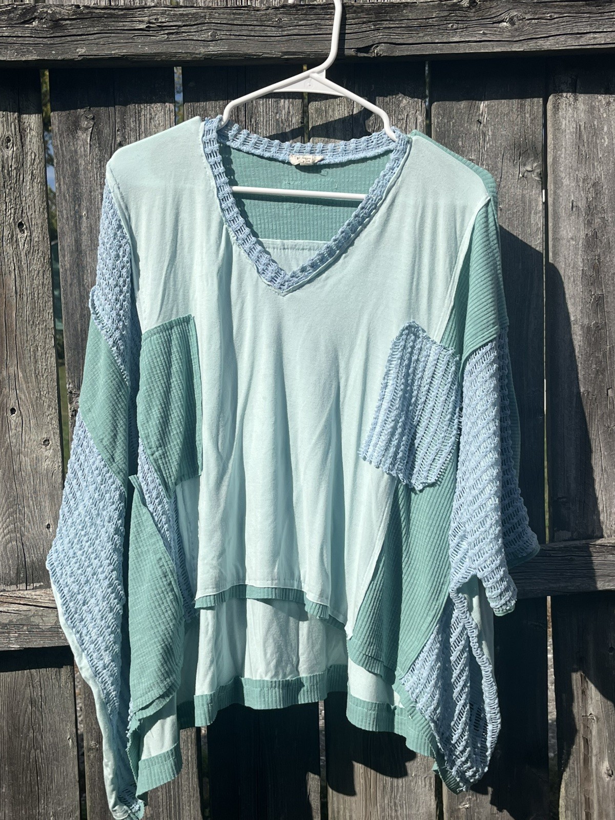 POL Oversized Women’s small patchwork Boho Top White Blue hippie festival 