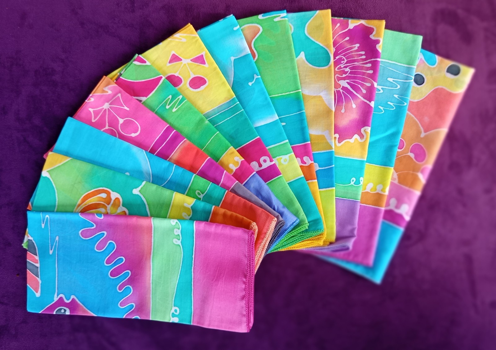 Vintage 1980s Tropical Neon Batik Handkerchief Set - Butterfly Swan Dolphin Fish