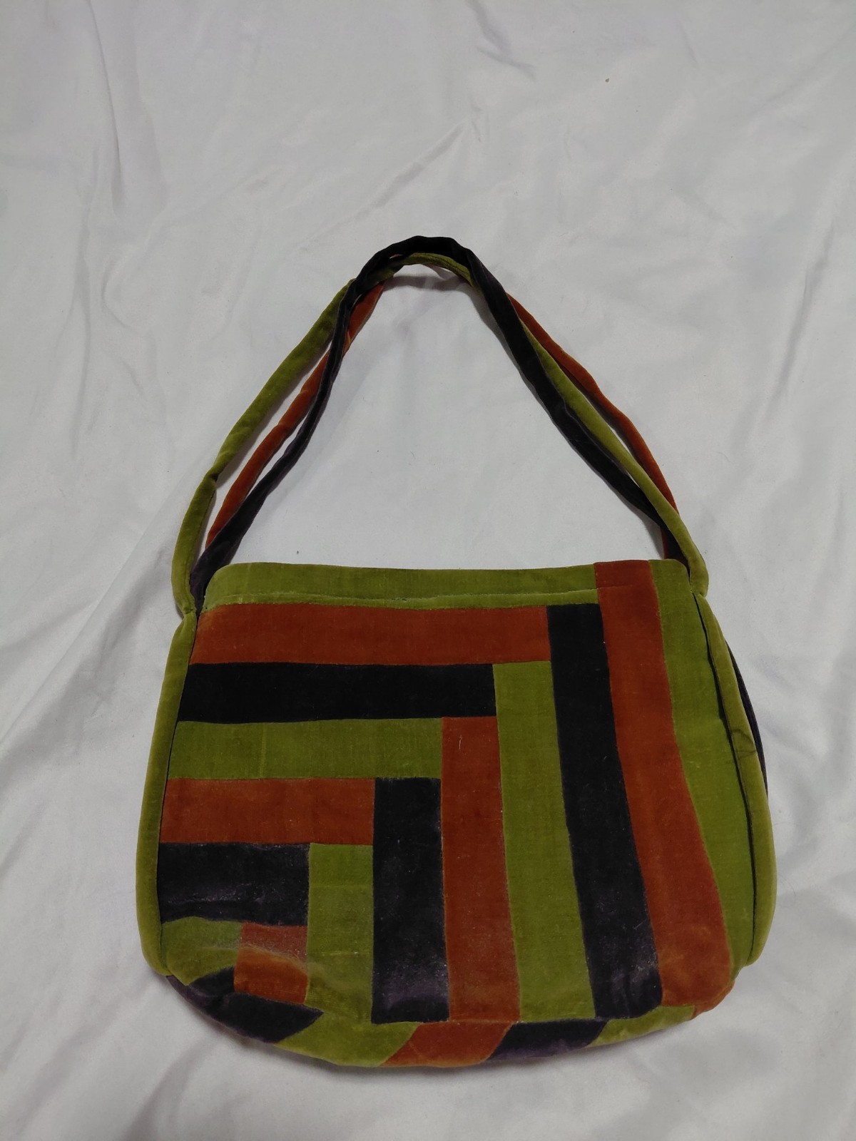 Vintage 1970s Velvet Patchwork Handbag Art Deco Geometric Brown Orange Olive