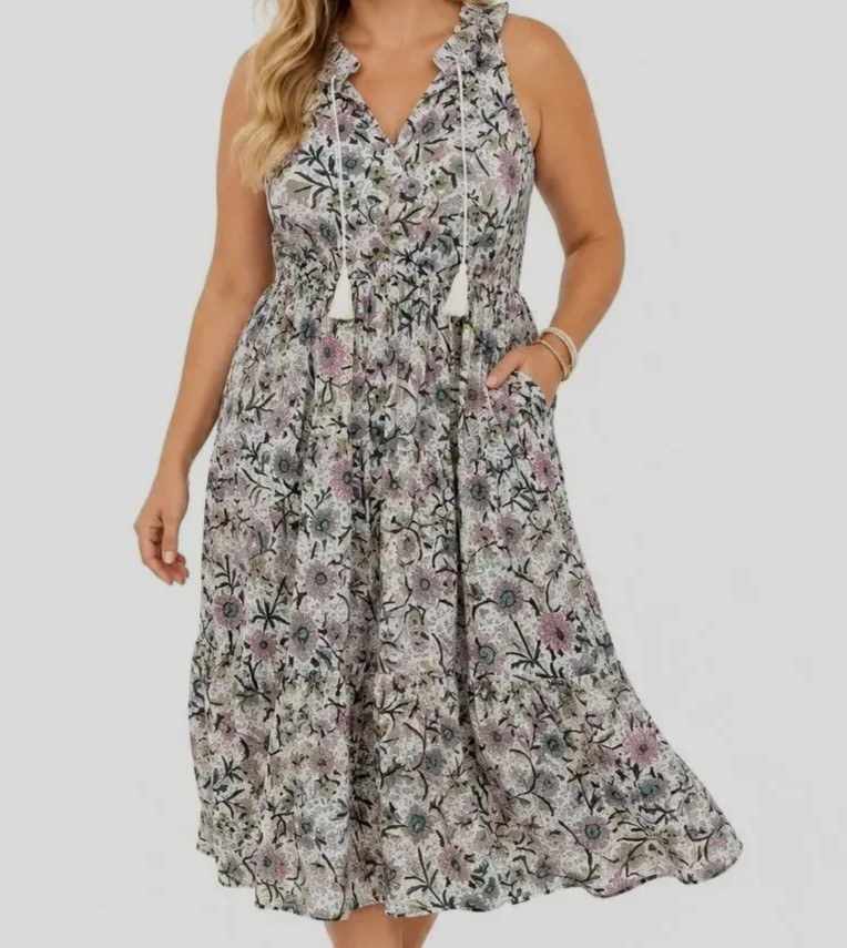 Torrid Midi Gauze Tiered Dress Womens 3X Floral Sleeveless Tasseled Pockets New