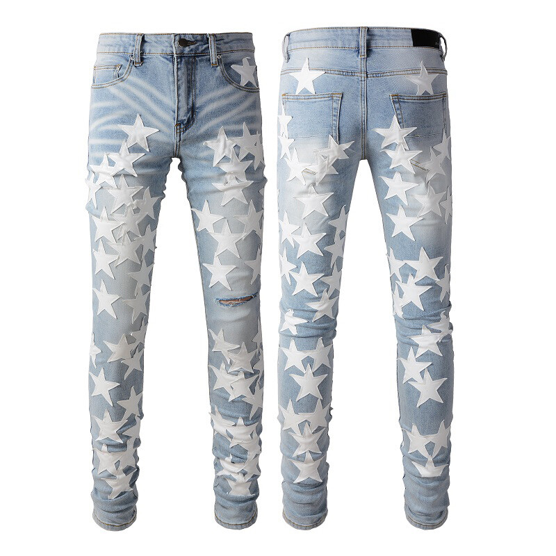 Men's Ripped STAR PU Patchwork Grunge Skinny stretch Denim Washed jeans