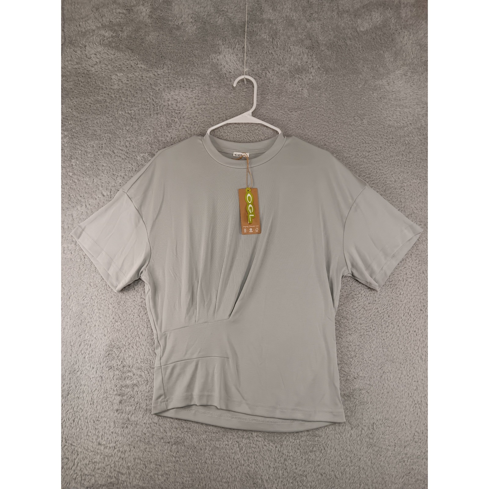 OGL Sandwashed Crewneck Tucked Tee Women L Gray NWT Modal Stretch Short Sleeve