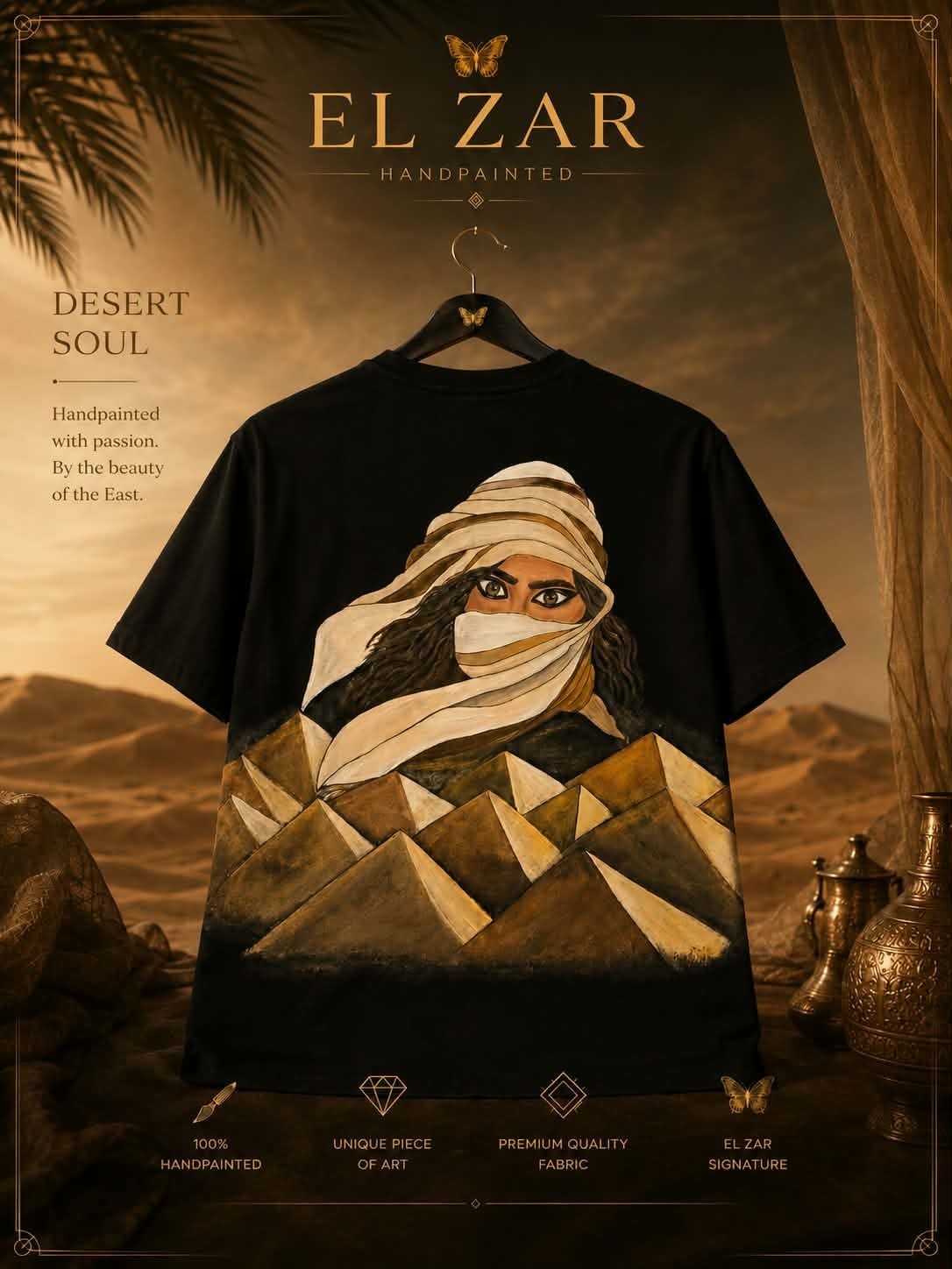 Hand Painted Black T-Shirt Desert Woman Wearable Art One of a Kind