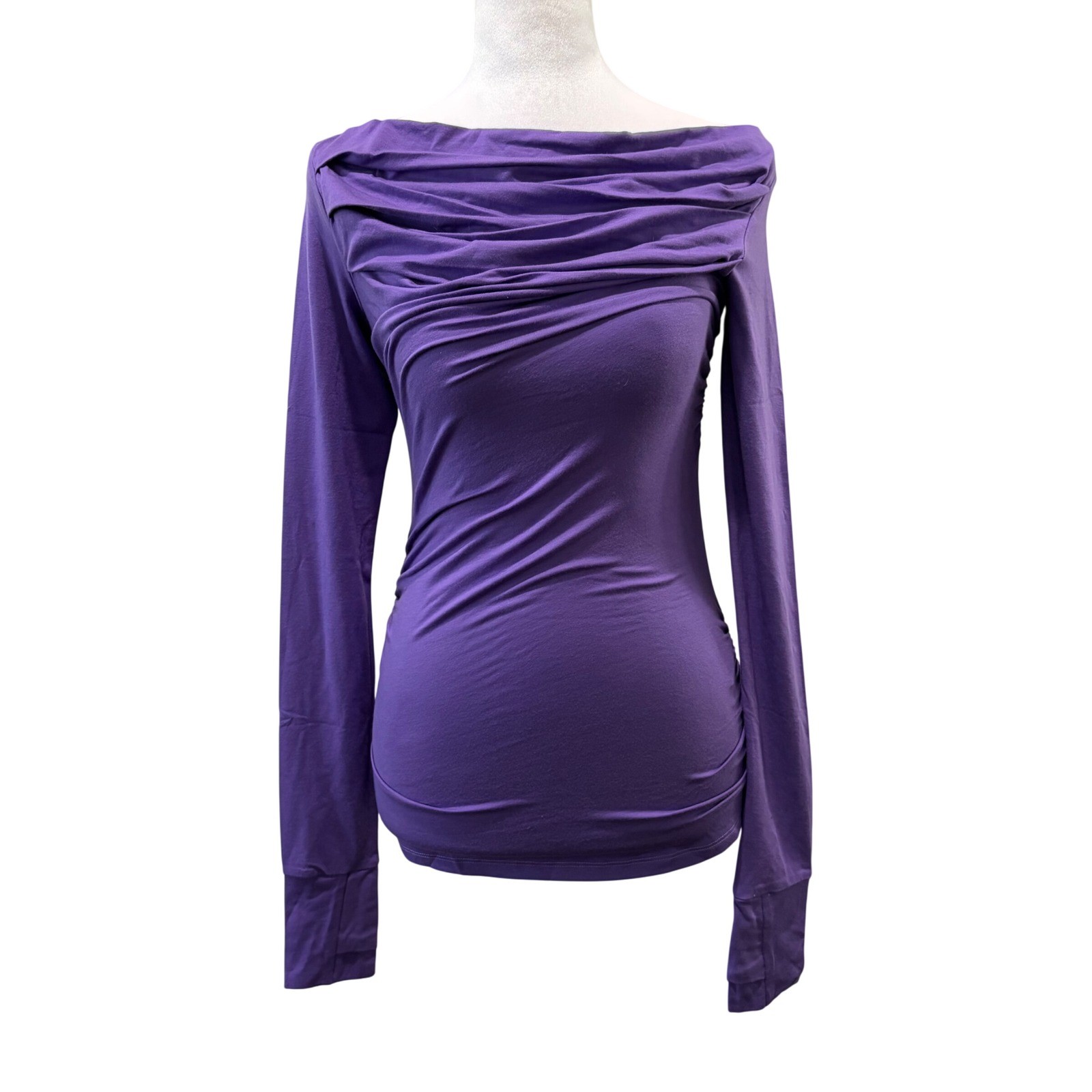 Marcella Cooper Top Women XS Purple Ruched Boatneck Off Shoulder Long Sleeve