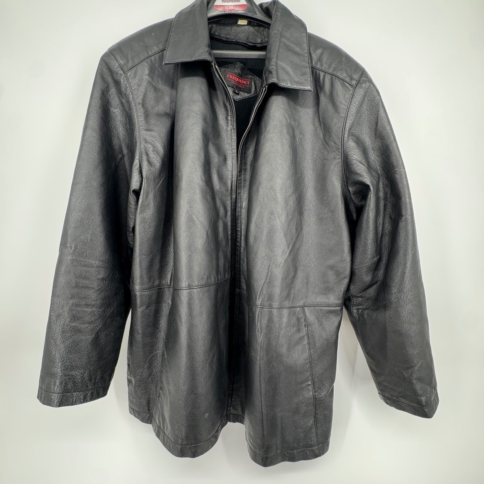 VTG Frequency Outerwear Mens Black L Genuine Leather Zip Up Jacket Coat Style