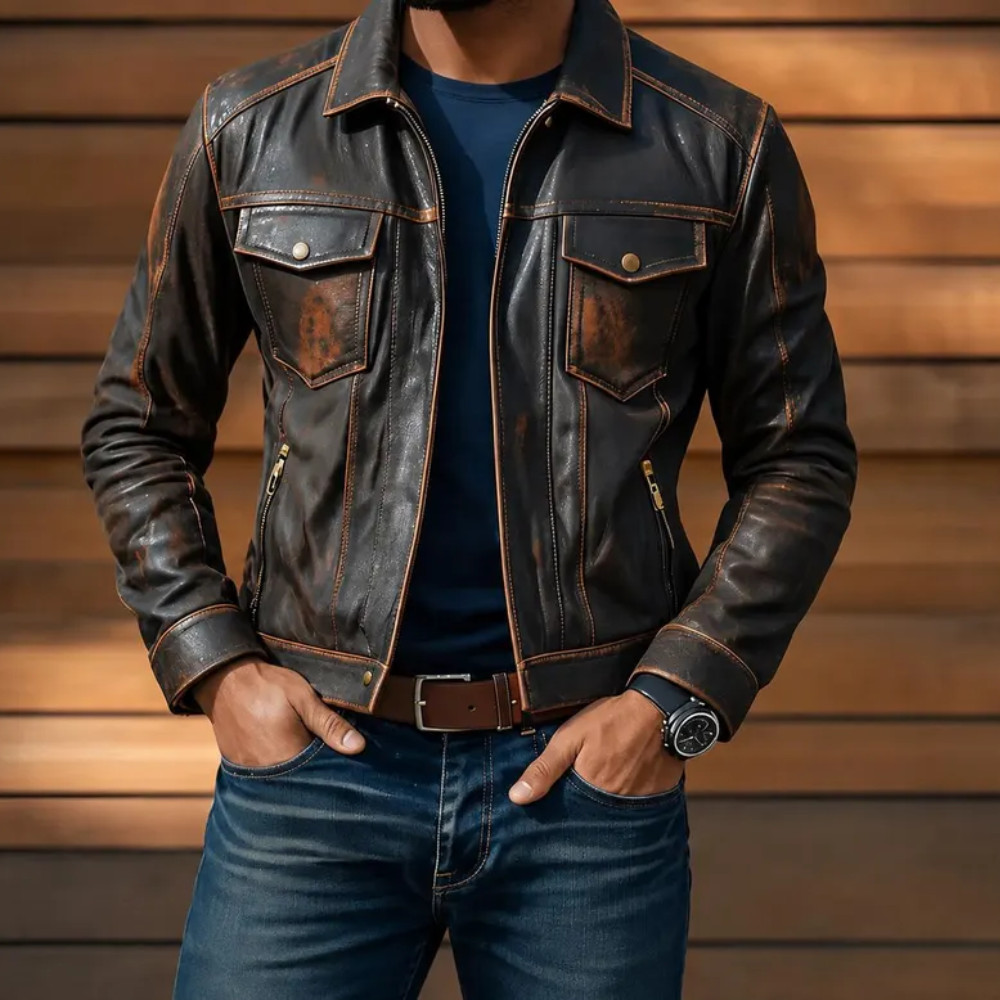 Men’s Distressed Sheepskin Leather Jacket, Handmade Vintage Brown Black Trucker 