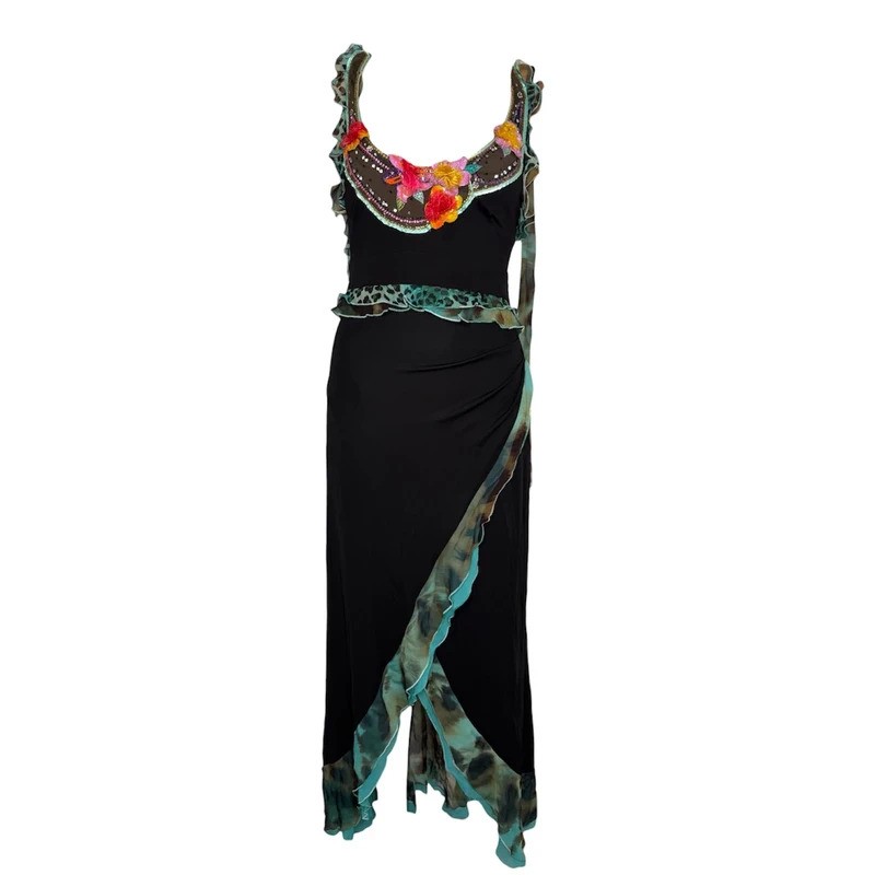 Vintage Maria Grazia Severi Y2K Black Silk Maxi Dress Beaded Floral Leopard