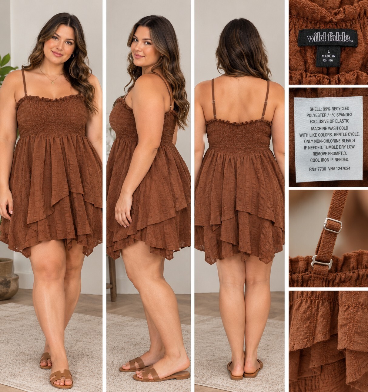 Wild Fable Women\'s Brown Smocked Tiered Mini Dress Size L Boho NWOT