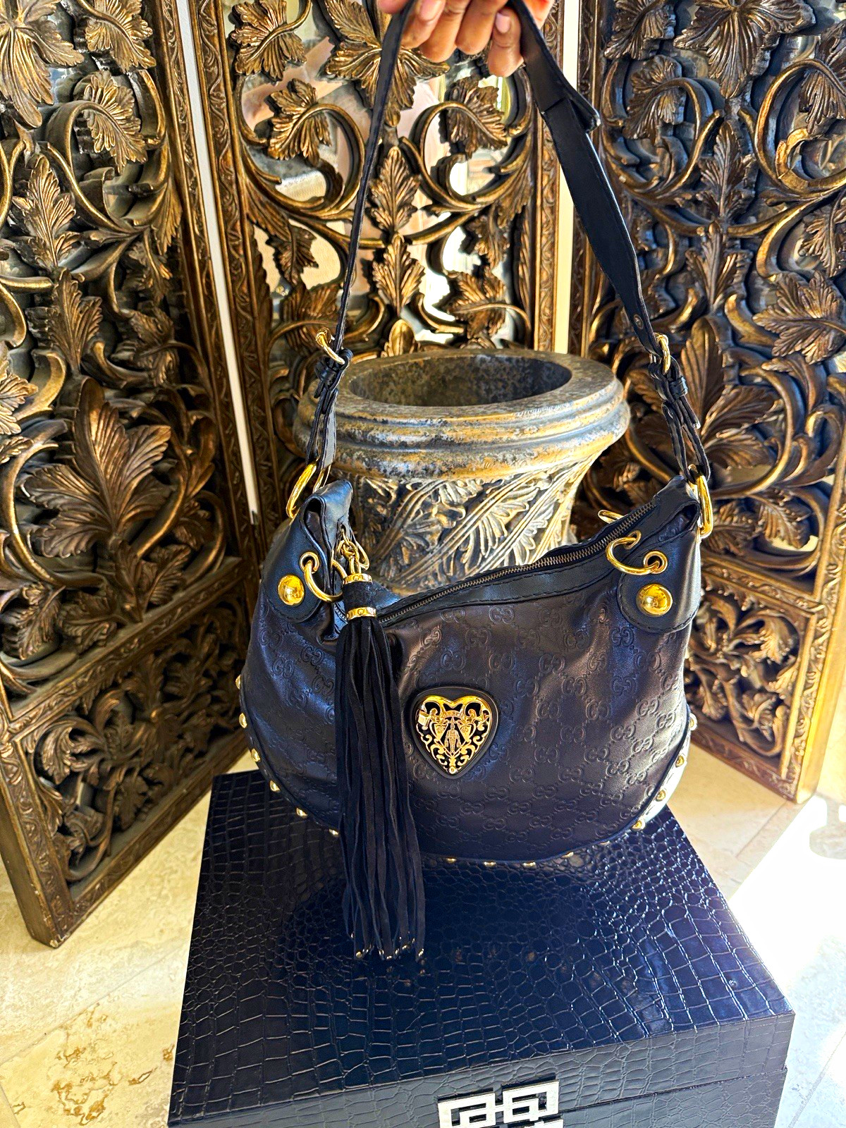 Gucci Black GG Leather Hobo Shoulder Bag Tassel Zip Gold Hardware Adj Strap