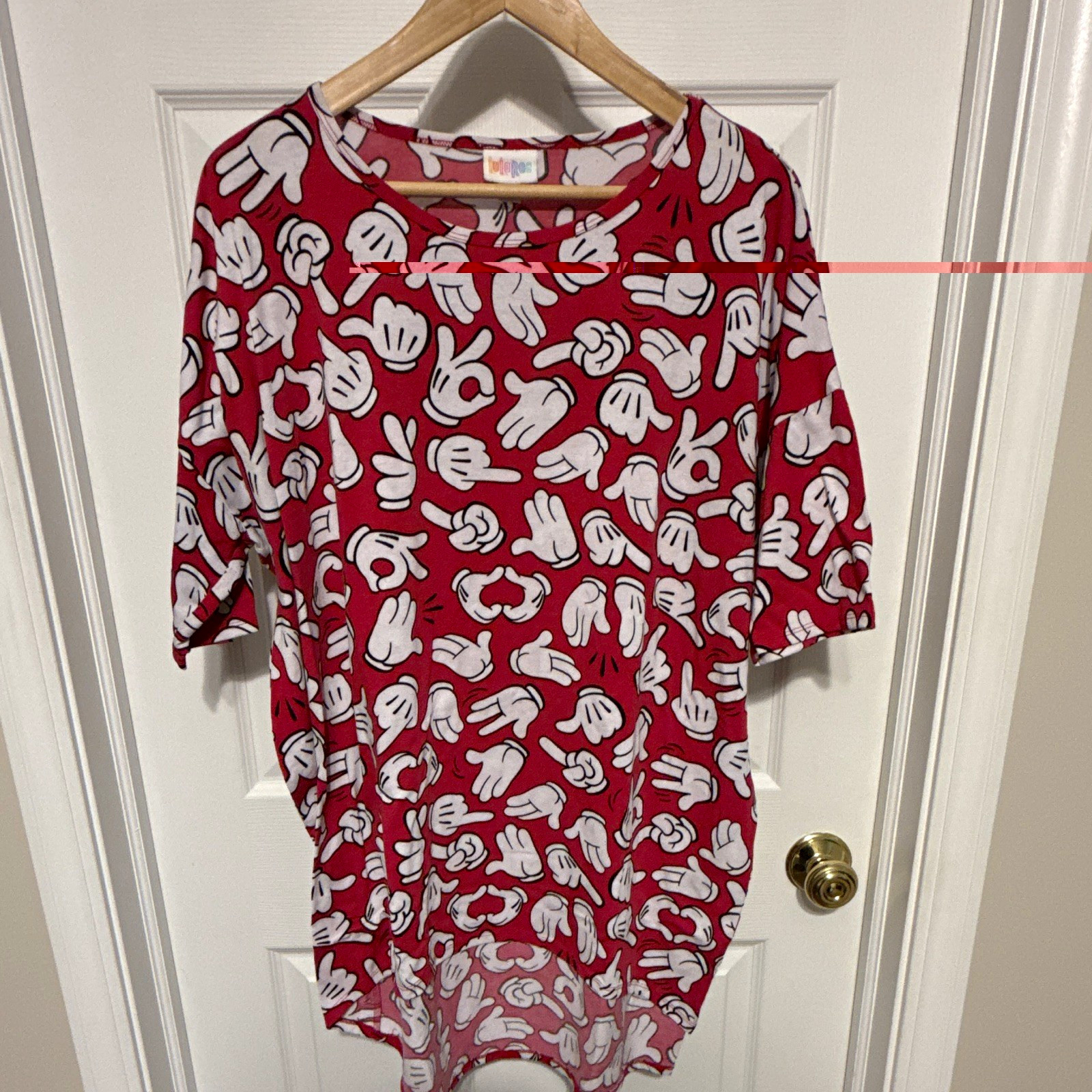 LuLaRoe XL Red Mickey Mouse Cartoon Print Knit Tunic Top 3/4 Sleeve