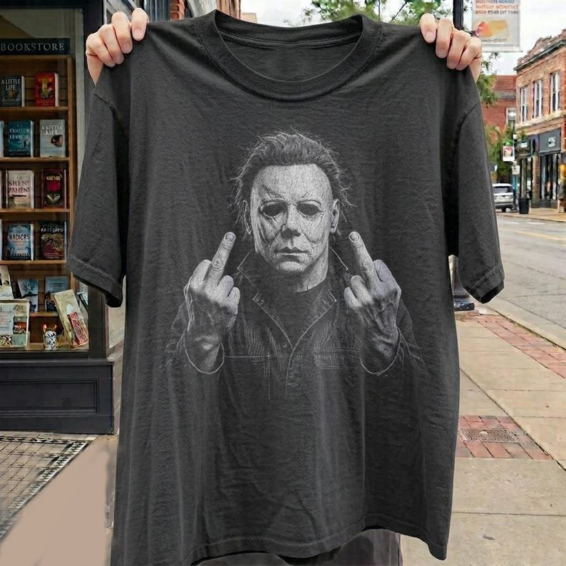Michael Myers Middle Finger T-Shirt, Funny Halloween Slasher Graphic Tee