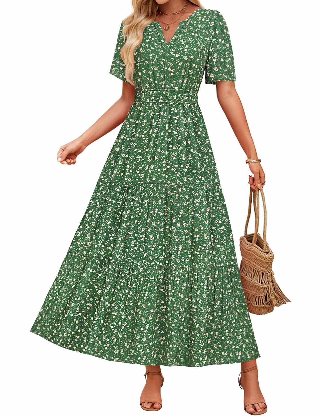 ZESICA Women\'s 2026 Summer Floral Boho A Line Maxi Dresses Green XL
