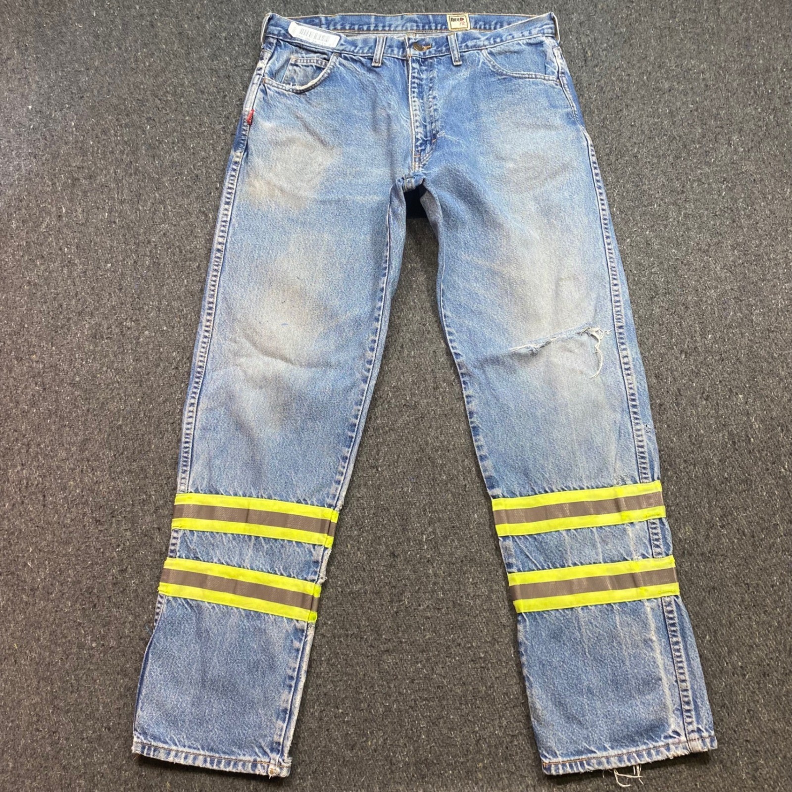 Reed FR Work Jeans Sz 36 Mens Blue Skater Reflective Tape Distressed Utility