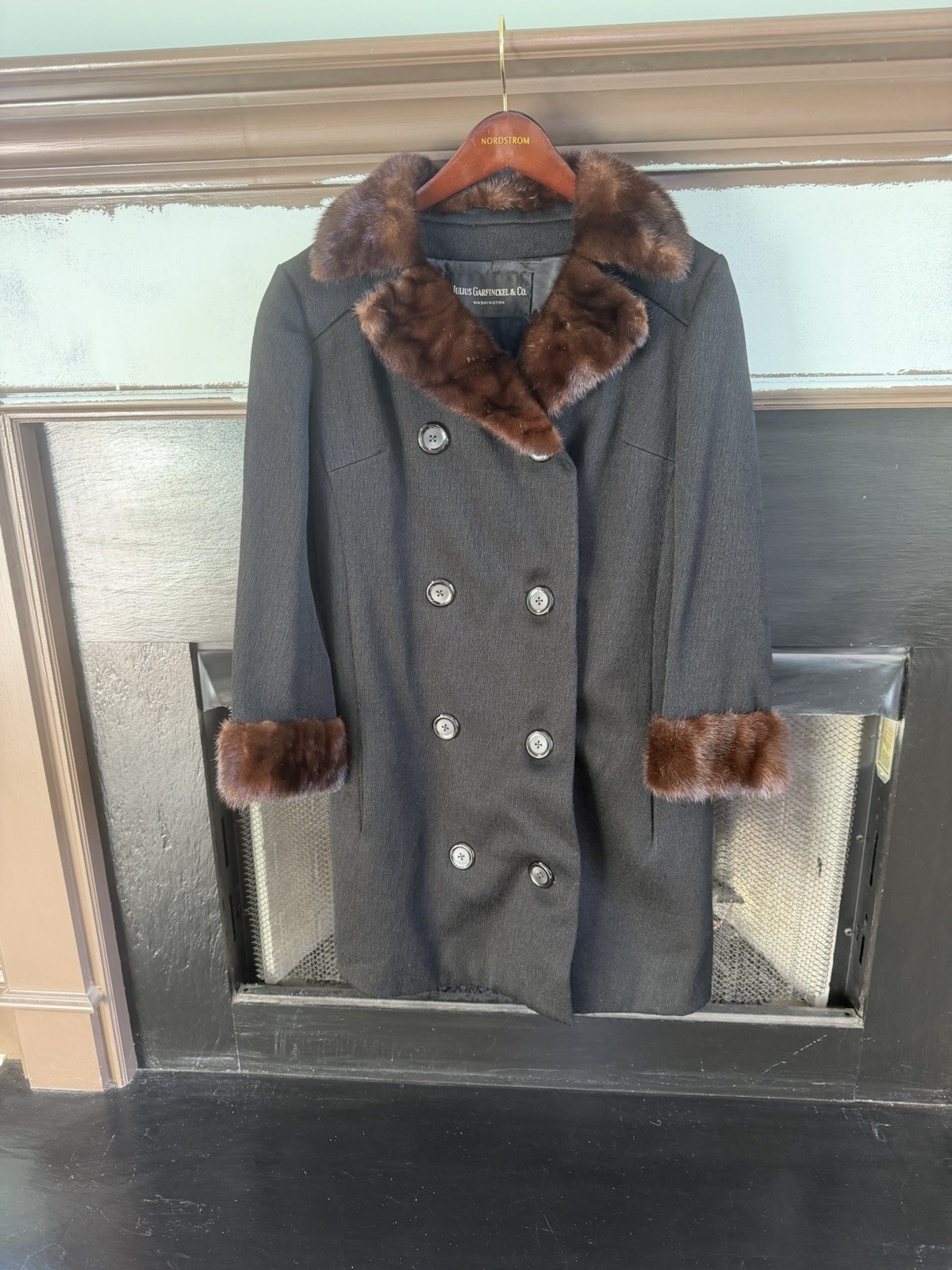 Authentic 1960s Black Swing Coat with Genuine Mahogany Mink Fur Trim