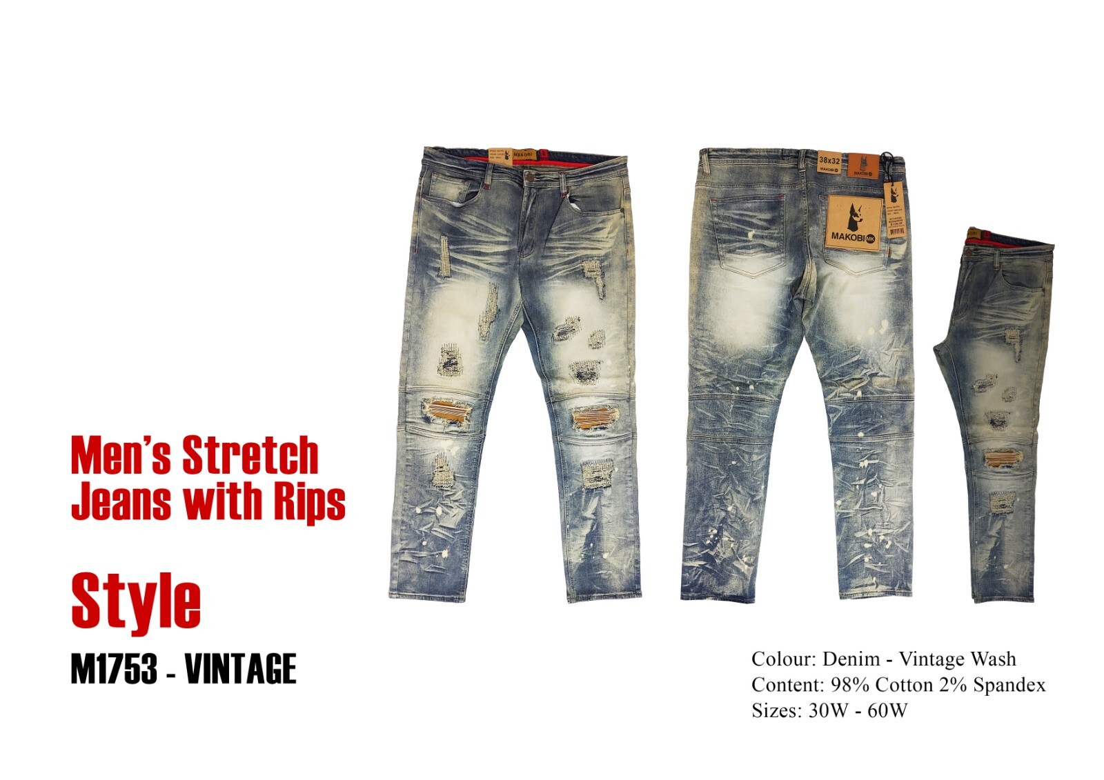 Men's MAKOBI RIPPIED STRETCH JEANS -  REGULAR SIZES  BIG MEN SIZES up to size 50