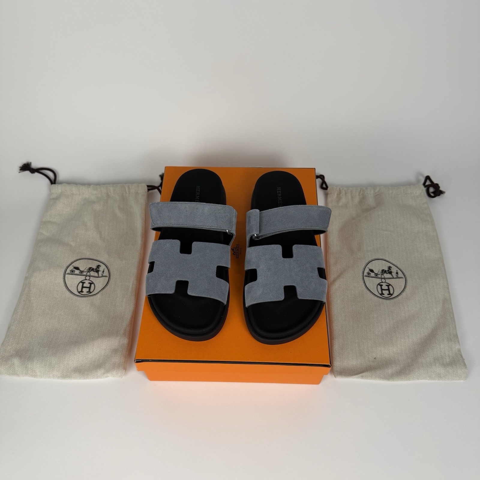 Hermes Bleu Minéral Suede Women’s Size 38 Chypre Sandals Adjustable Strap Size 8
