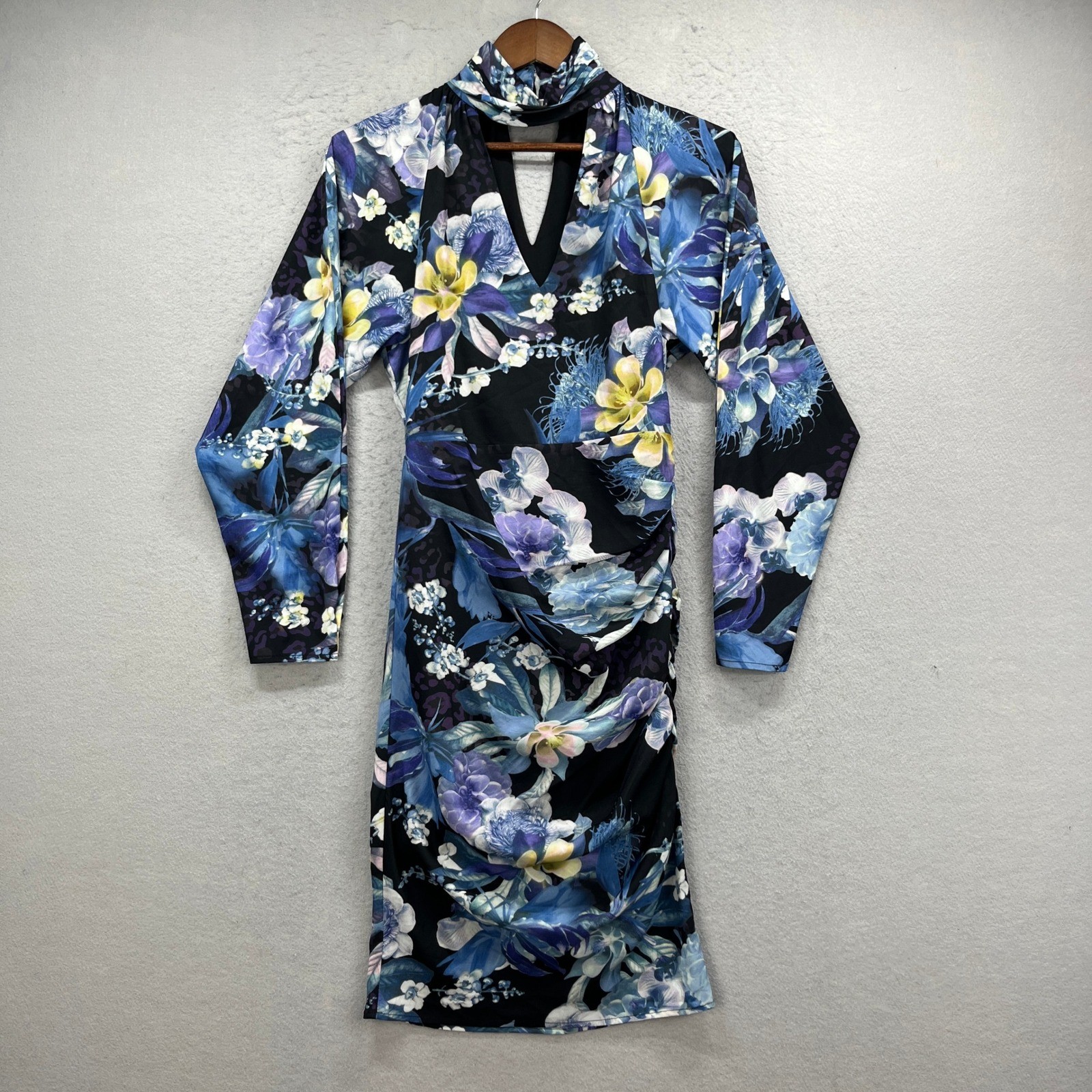 Marciano Guess Floral Mini Dress Women 42 Black Blue Ruched High Neck Cocktail
