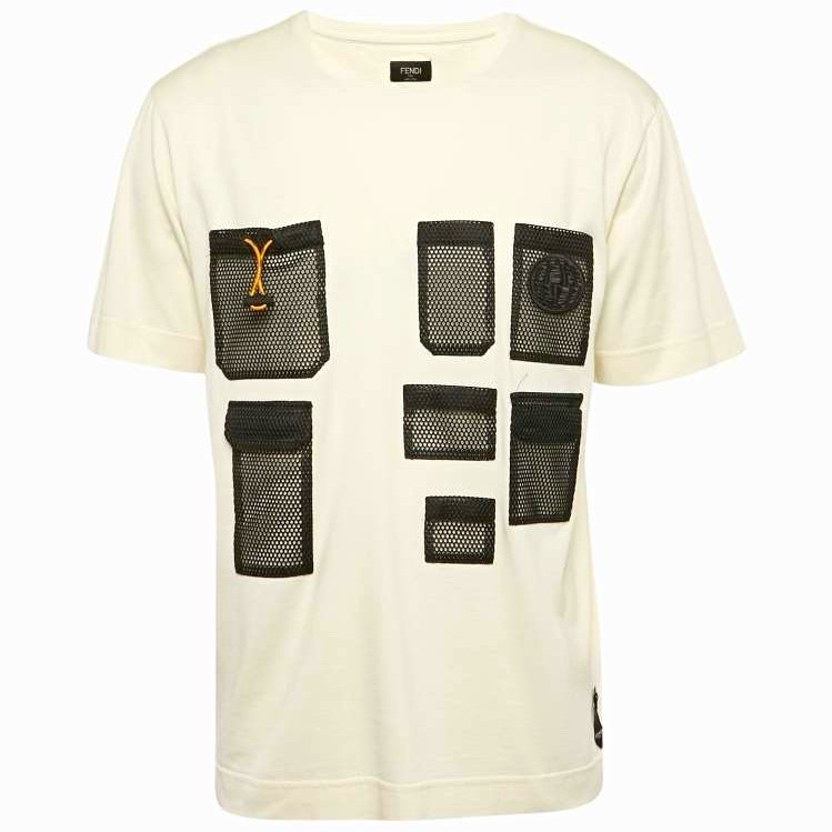 Fendi Men’s Crew Neck Cotton T-Shirt Mesh Pockets White/Black/Yellow L