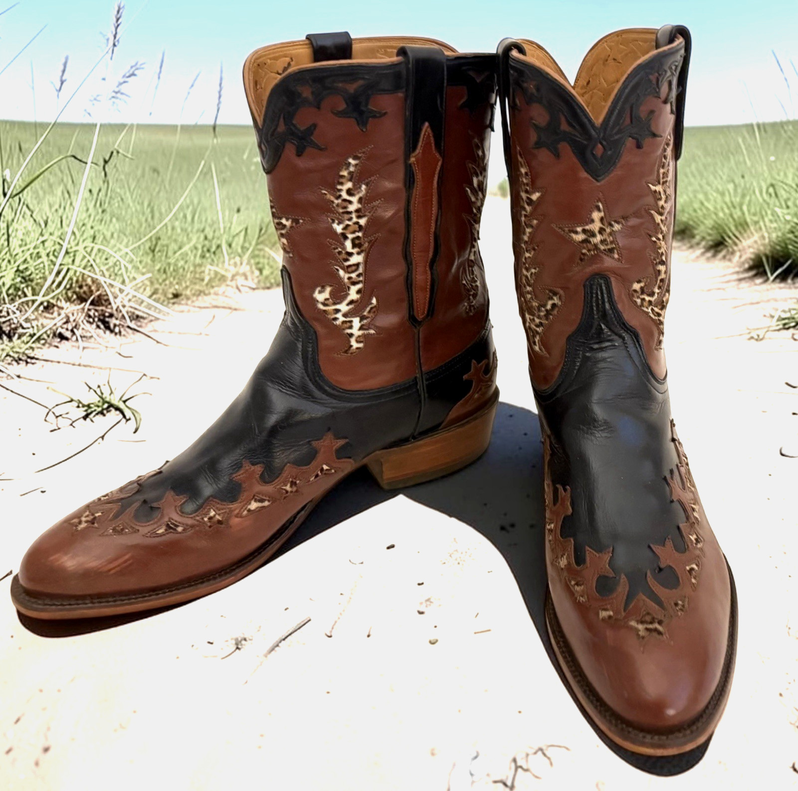 EUC Lucchese Classics Handmade Cheetah Pony Hair Inlay⭐Overlay Cowboy Boots 9.5D