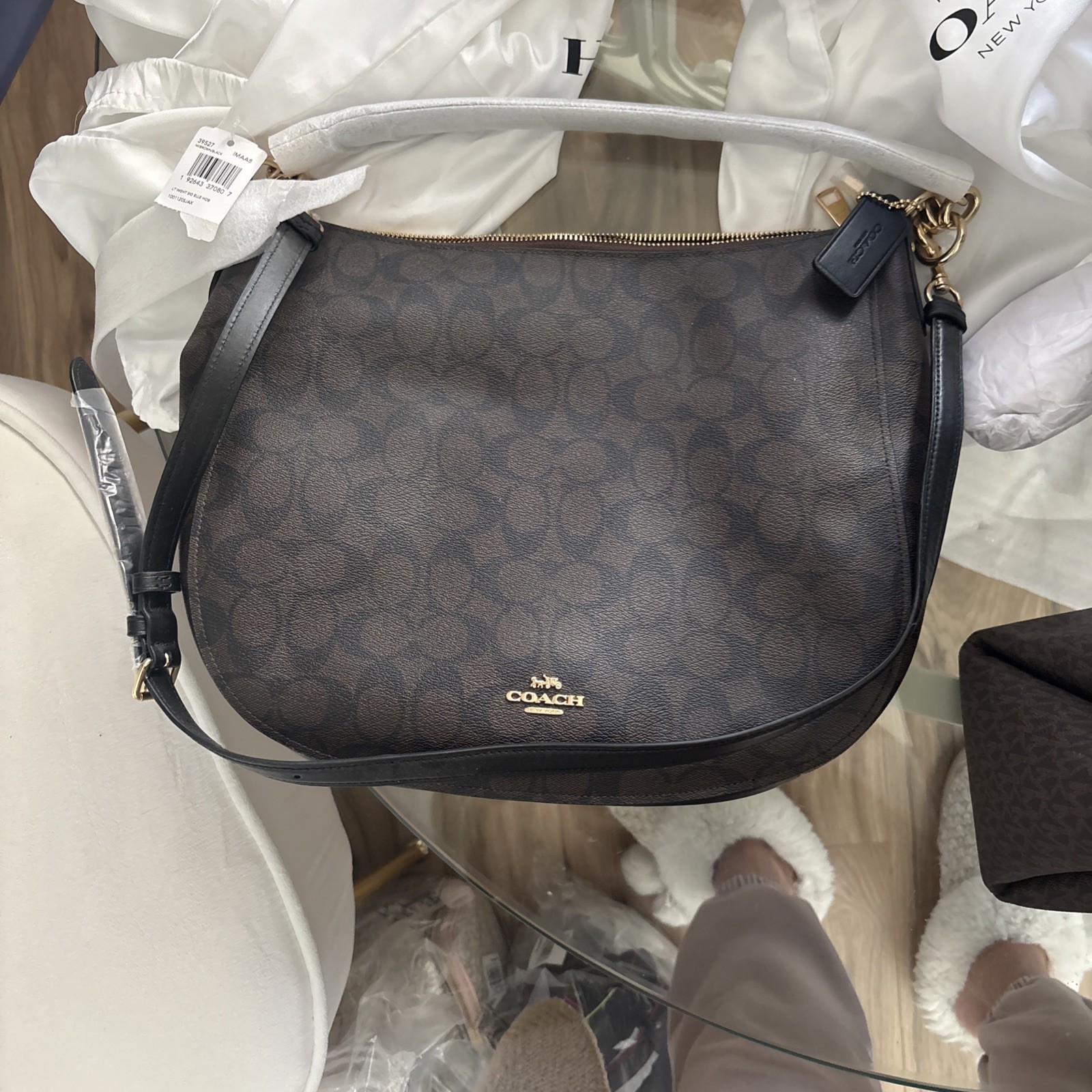 Coach Elle Hobo Signature Logo Canvas/Leather Brown Black Gold Zip Shoulder Bag