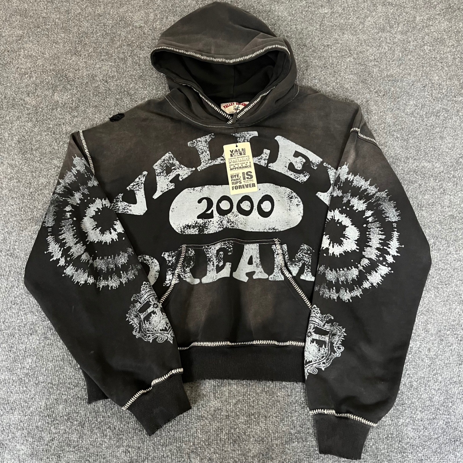 Valley Dreams 2000 Sun Faded Graphic Hoodie Distressed Black Streetwear Mens L