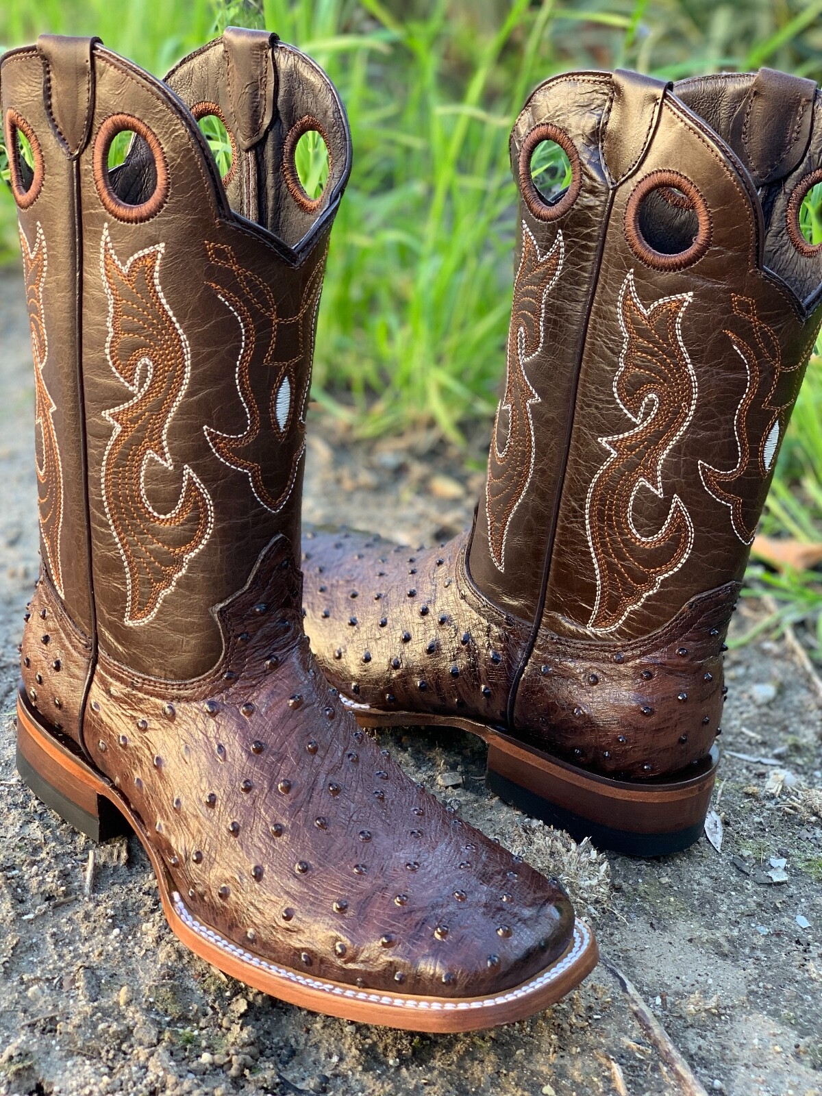 MEN\'S BROWN OSTRICH QUILL LEATHER WESTERN RODEO EXOTIC COWBOY SQUARE TOE BOTAS