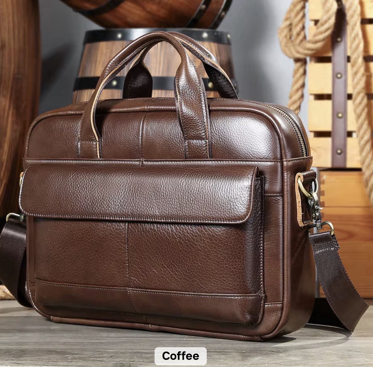 Waterproof Genuine Leather Business Office Briefcase Men\'s 14 Inch Laptop Bag