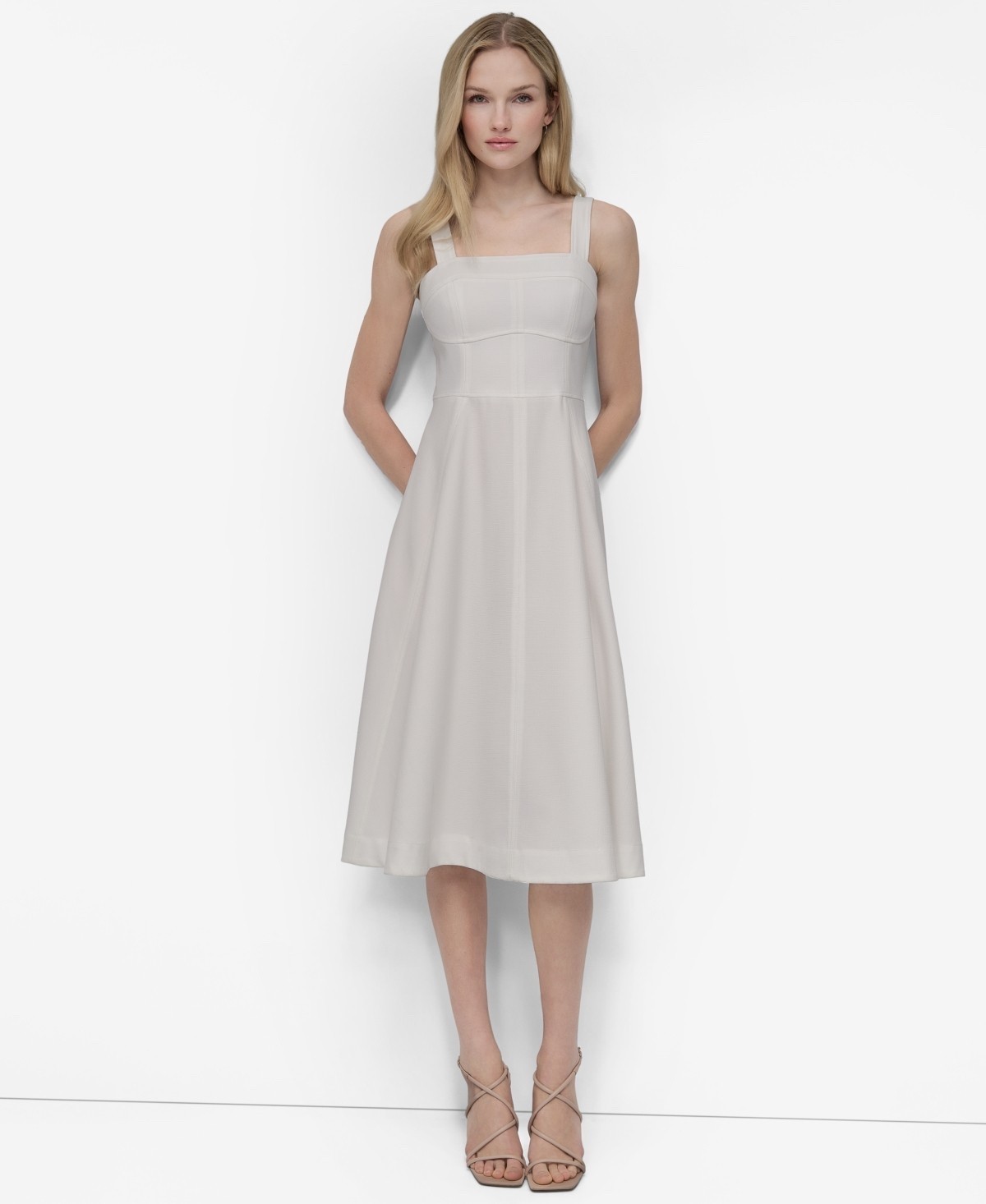 Dkny Women\'s Square-Neck Sleeveless MIDI Dress - Ivory Size 8 NWT