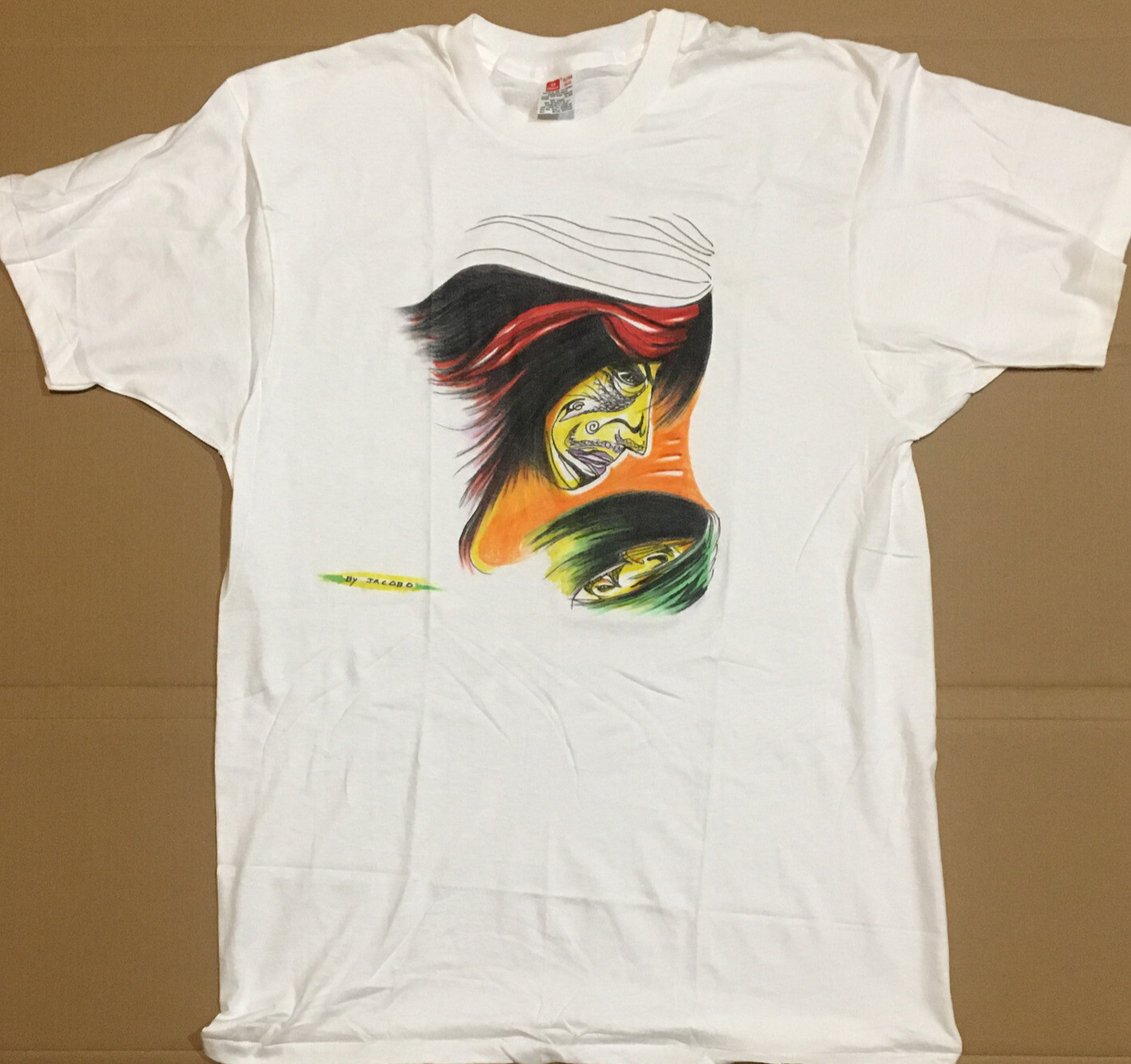 Vintage T-Shirt Hand Drawn Painted Original Artwork Two Faces Size XL