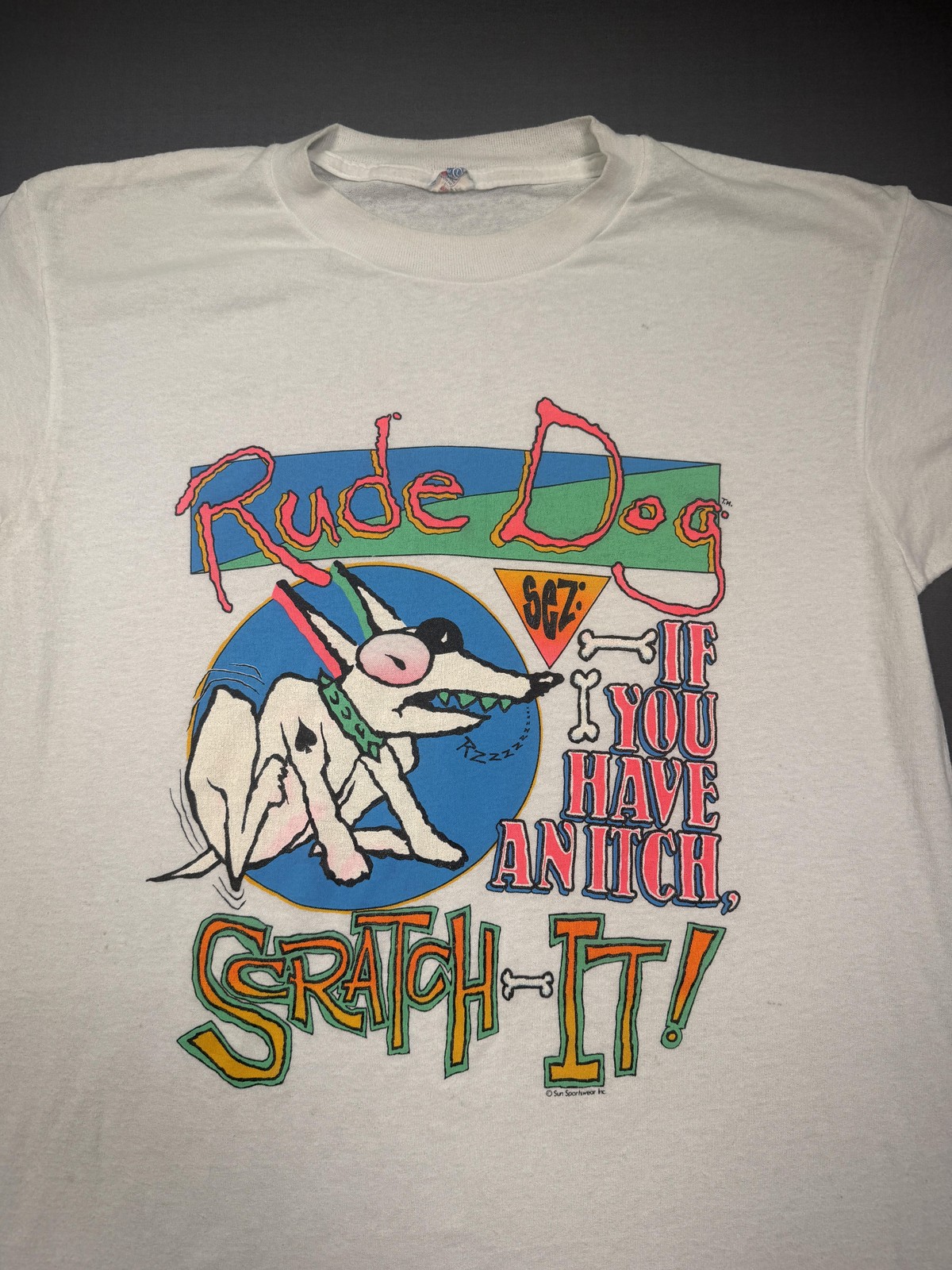 Vintage Rude Dog Shirt Mens Medium White Cartoon Graphic Tee Sun Sportswear
