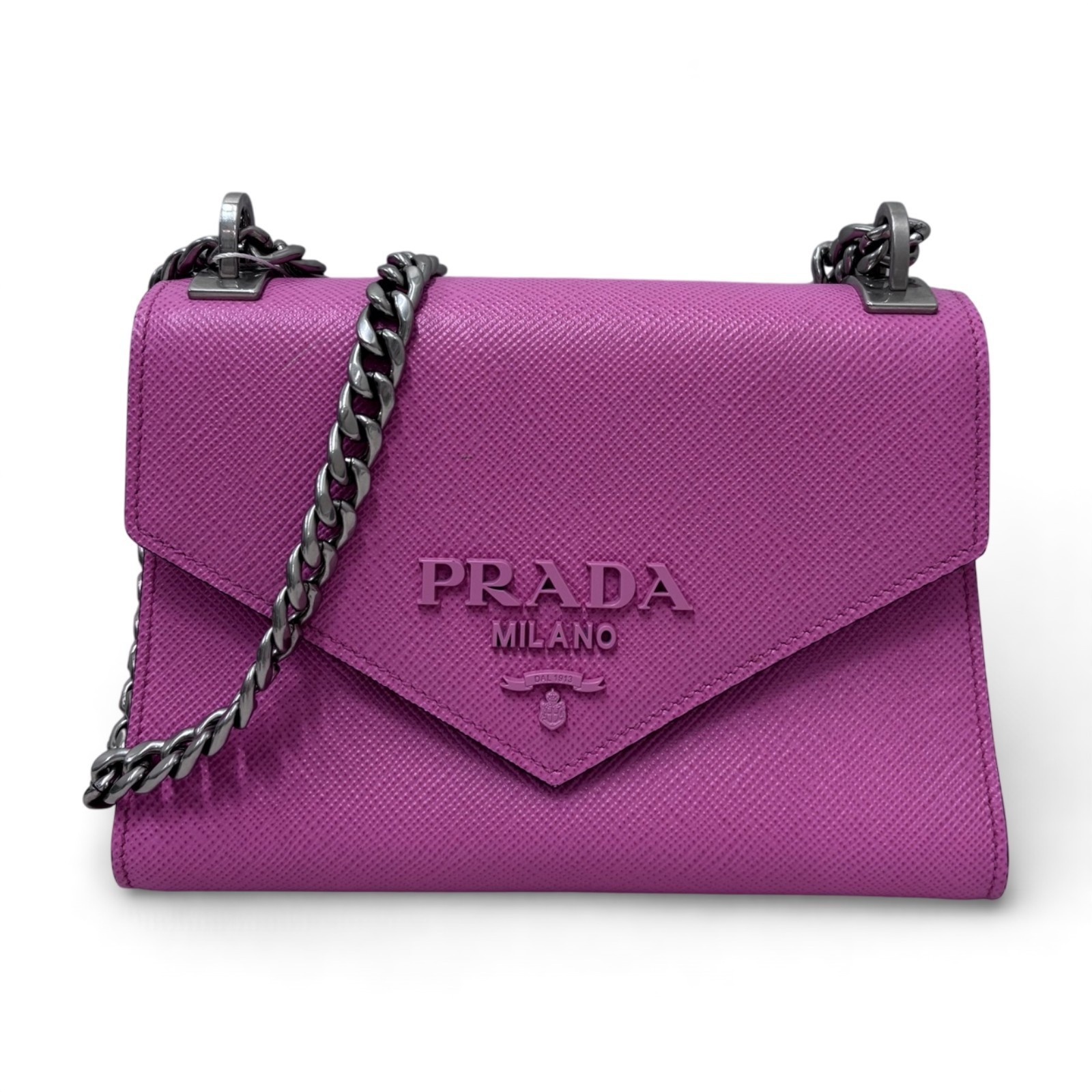 Pre-Owned Prada Fuchsia Saffiano Leather Flap Crossbody Silver Chain