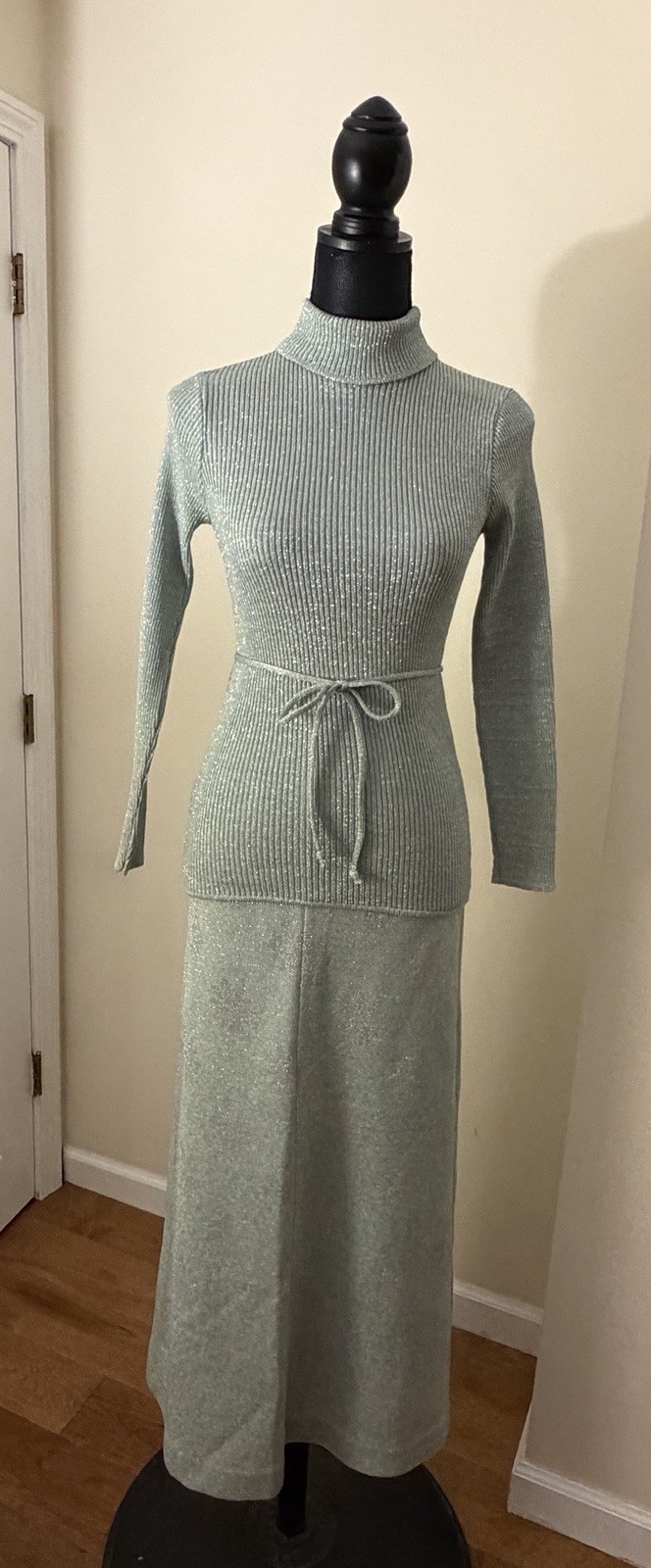 Vintage 70s Ami Jr Metallic Knit Turtleneck Dress Set Mint Green Lurex Shimmer 5